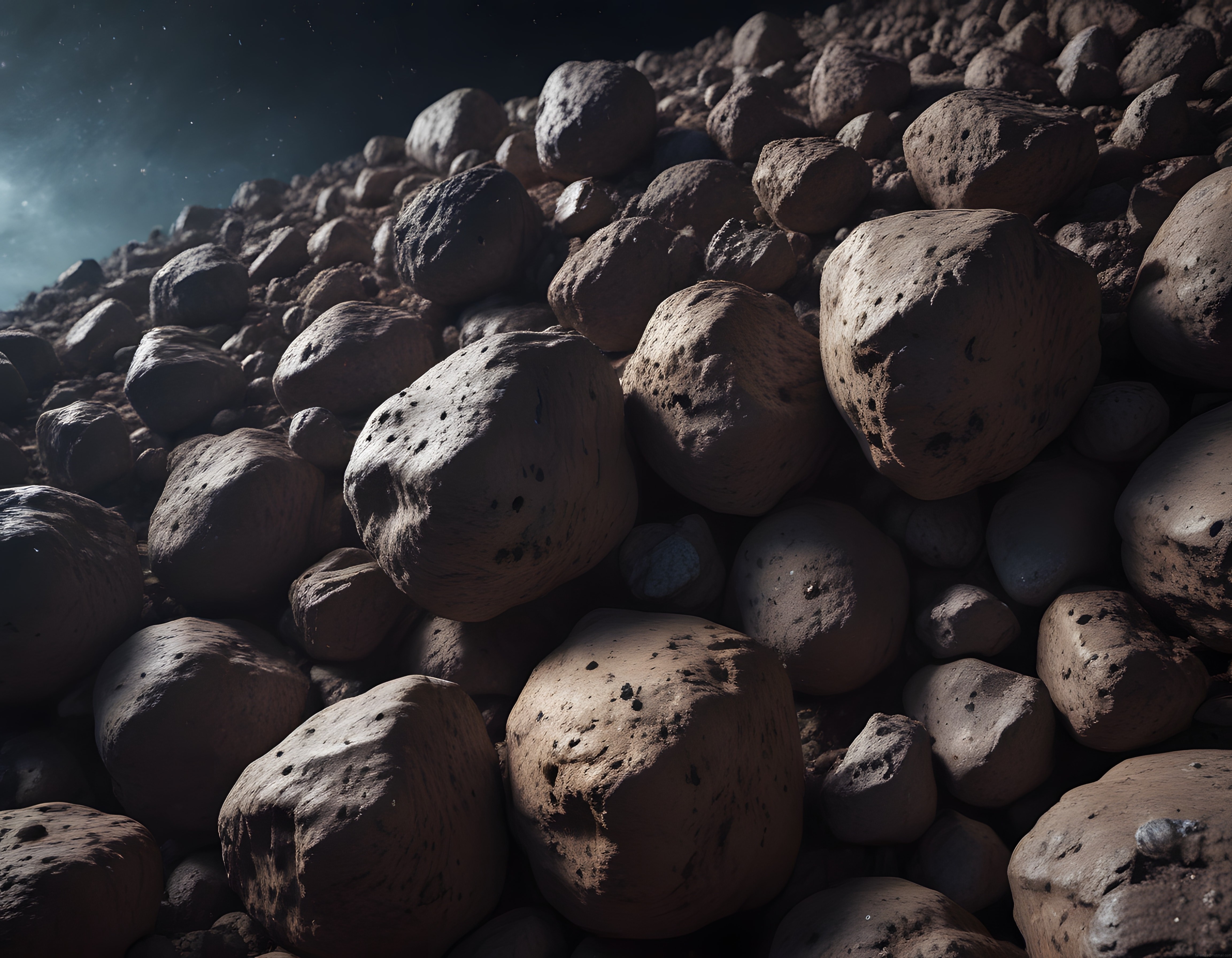Uzayın Derinliklerindeki Kayalık Asteroid Yüzeyi ve Yıldızlı Arka Plan Görseli