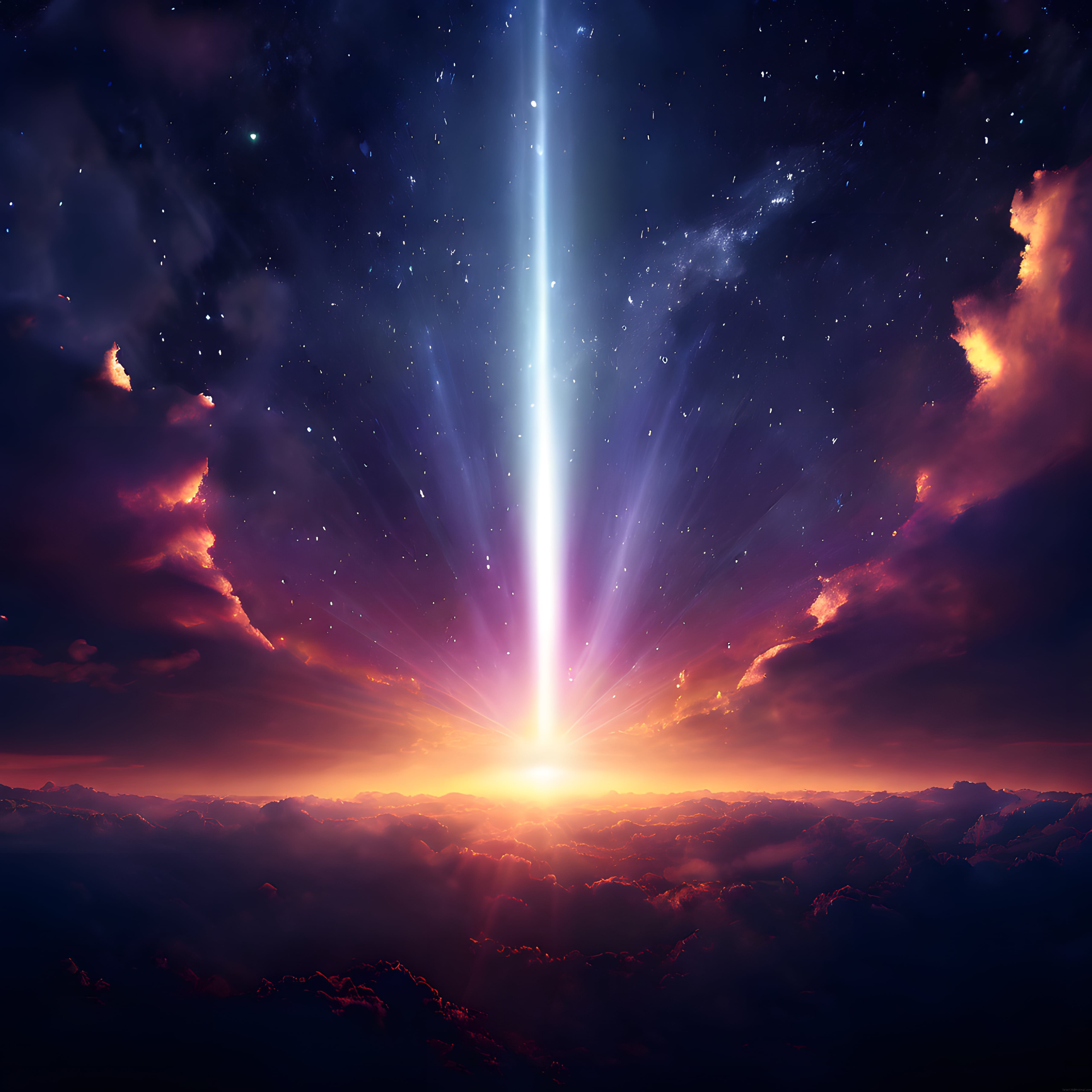 Uzayın Derinliklerinden Yükselen Işık Sütunu ve Renkli Nebula Manzarası
