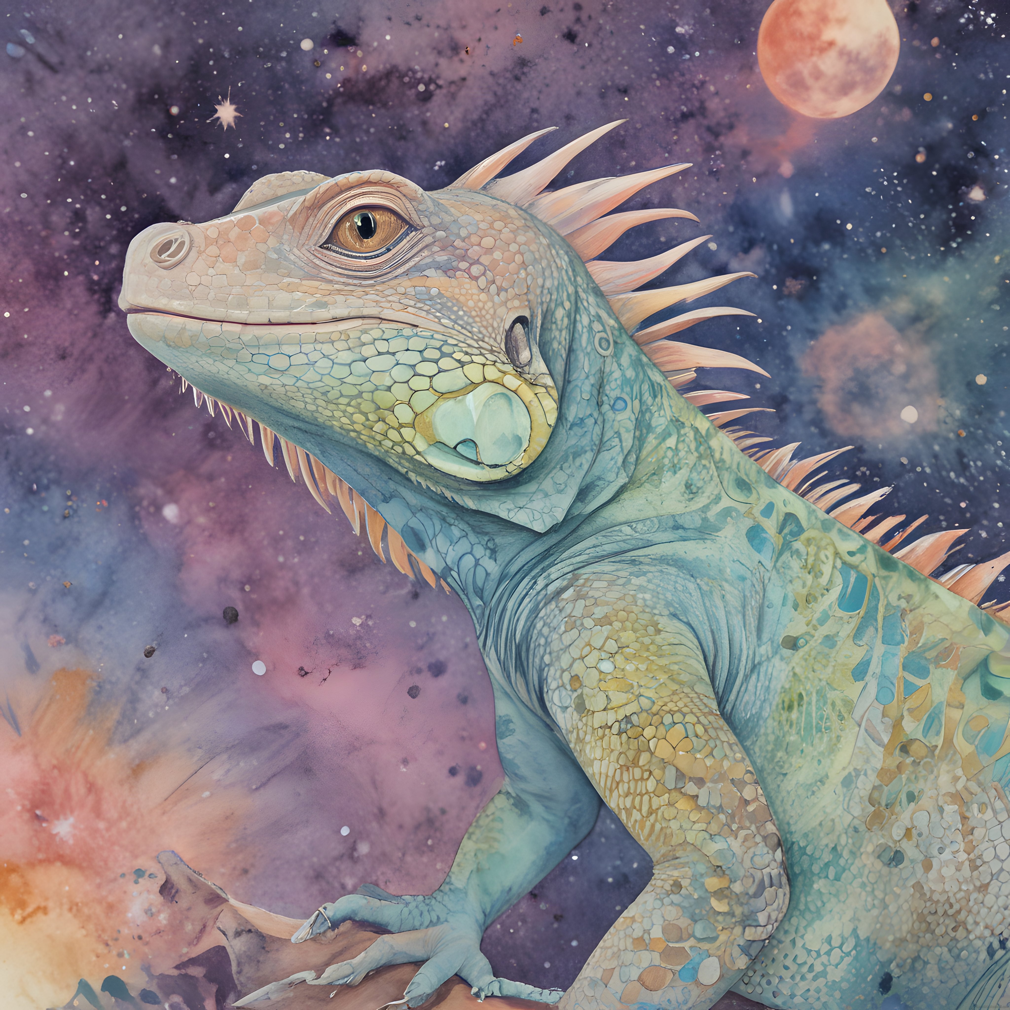 Uzayın Gizeminde Bir Iguana: Mozaik Tarzı Fantastik Dijital Sanat Çalışması