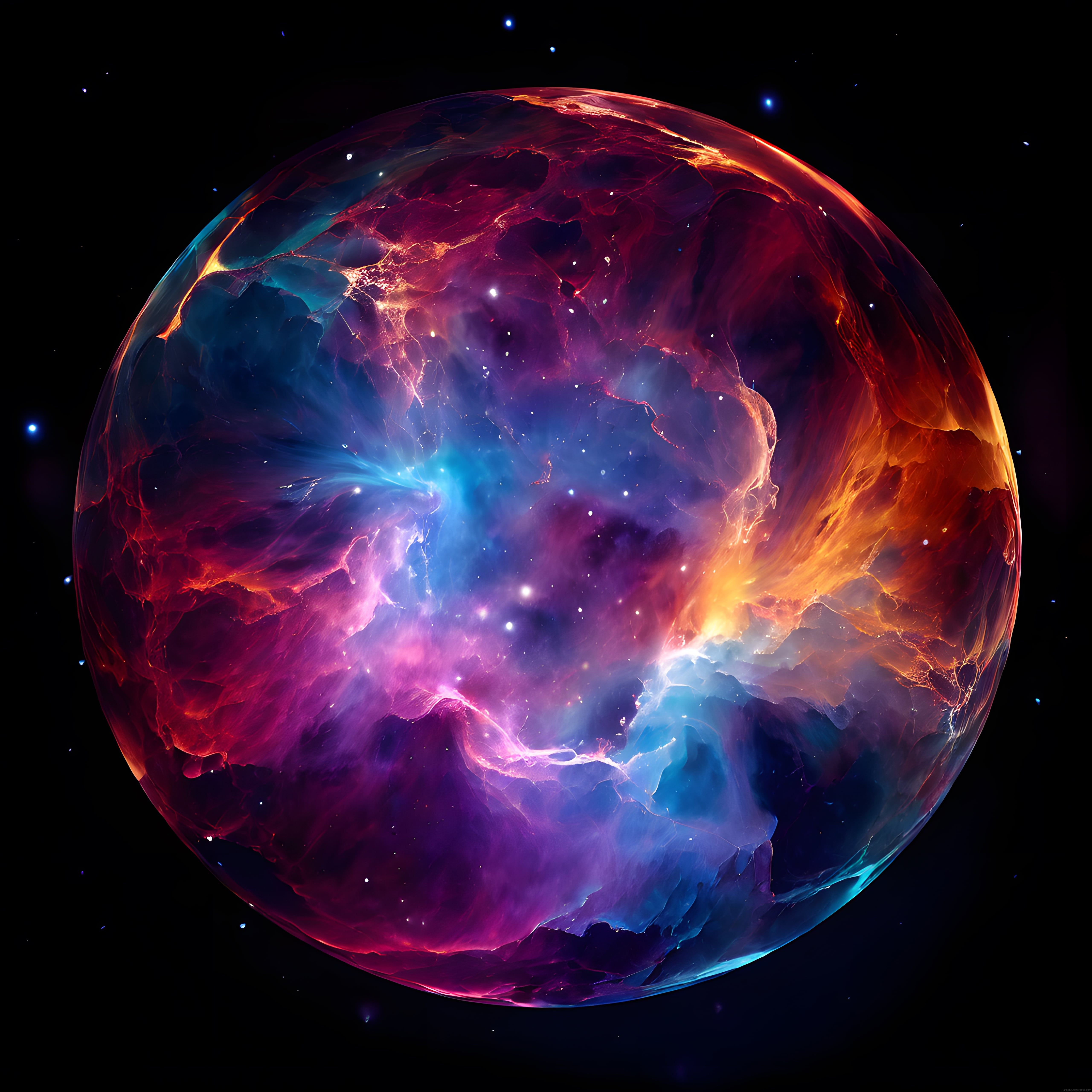 Uzayın Kalbinde Gizemli Bir Küre: Renkli Nebula, Yıldızlar ve Sonsuz Evren