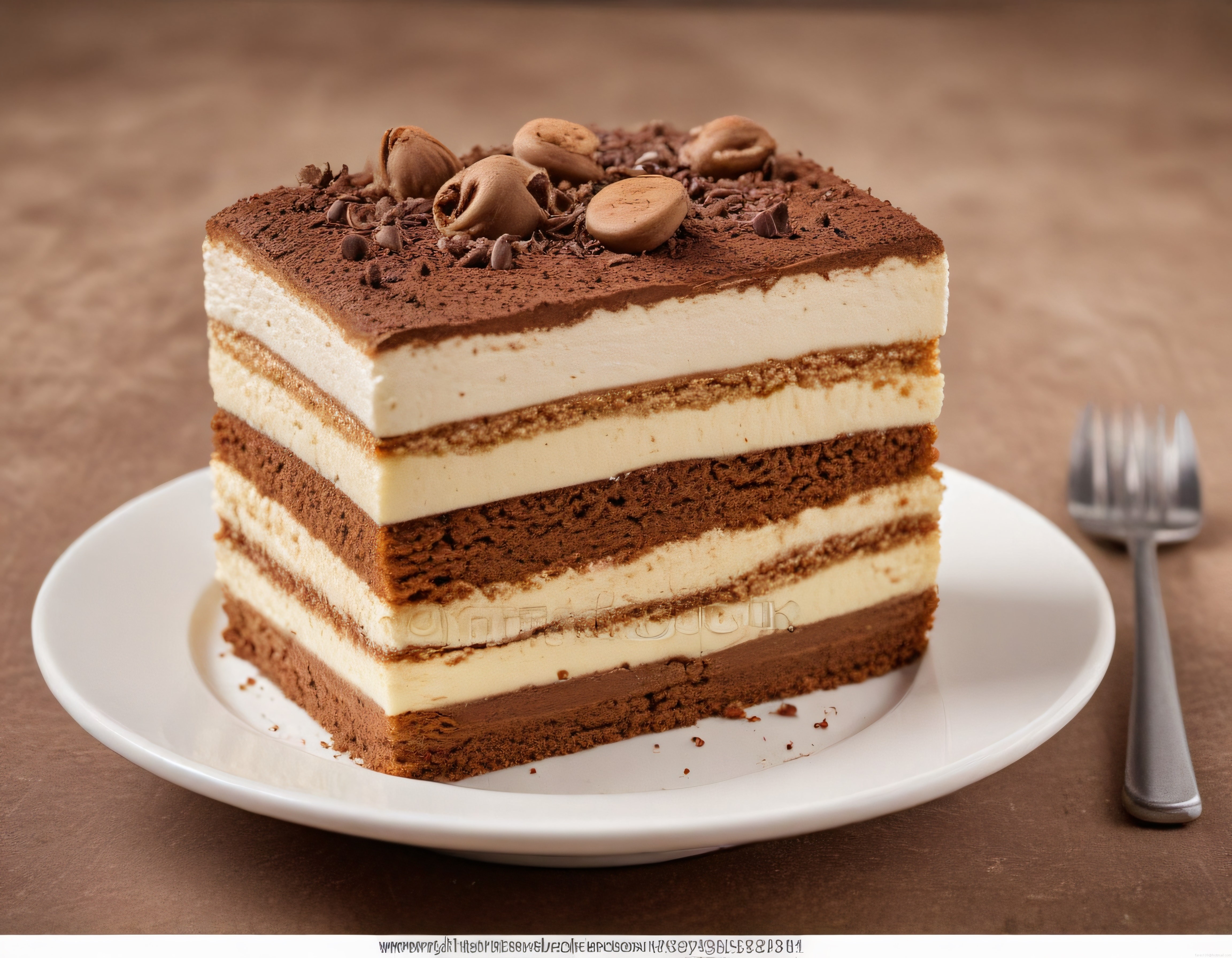 üzeri kakao ve makaronla süslü kremalı katmanlı tiramisu pasta dilimi