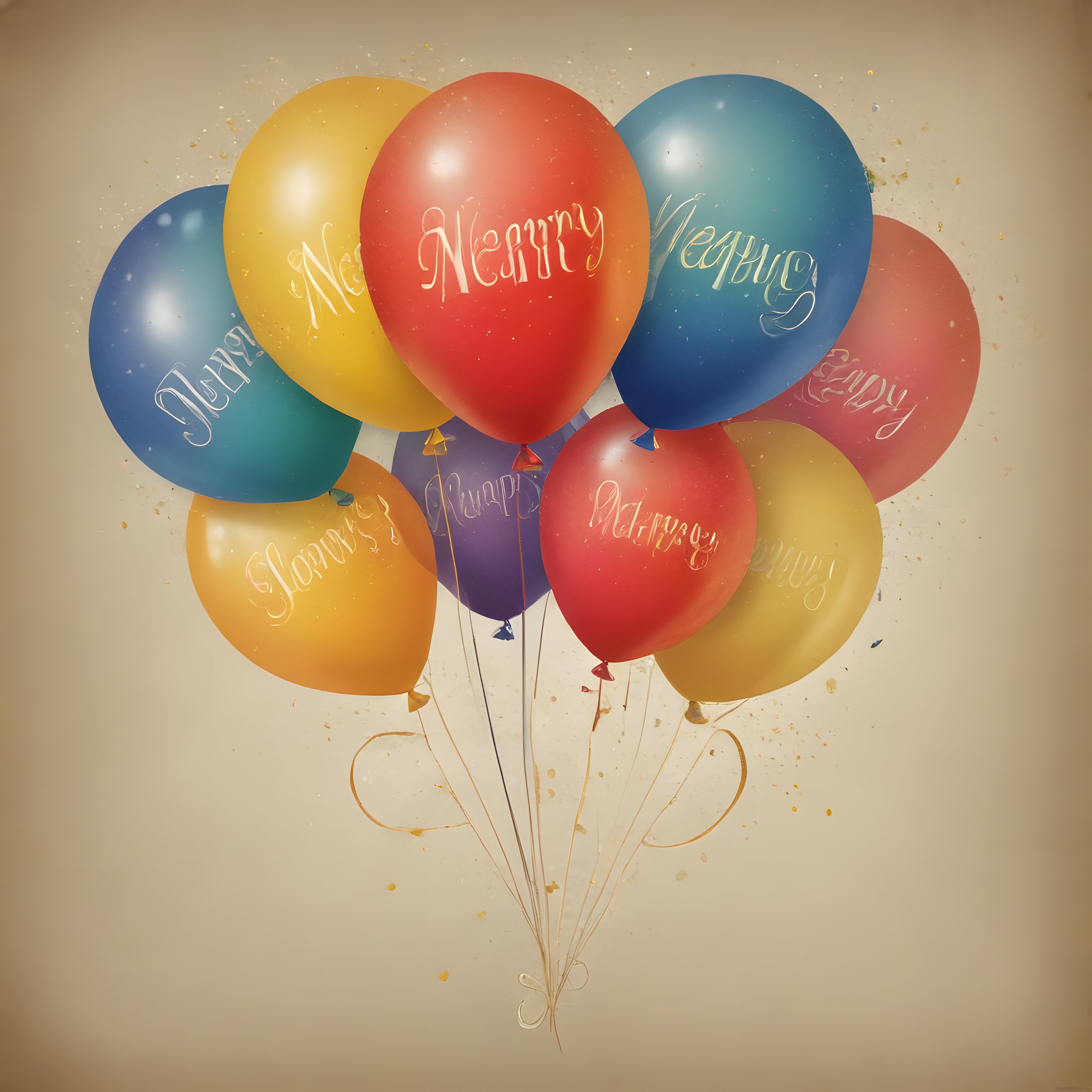 üzerinde merry yazan renkli balon demeti ile nostaljik kutlama dekorasyonu