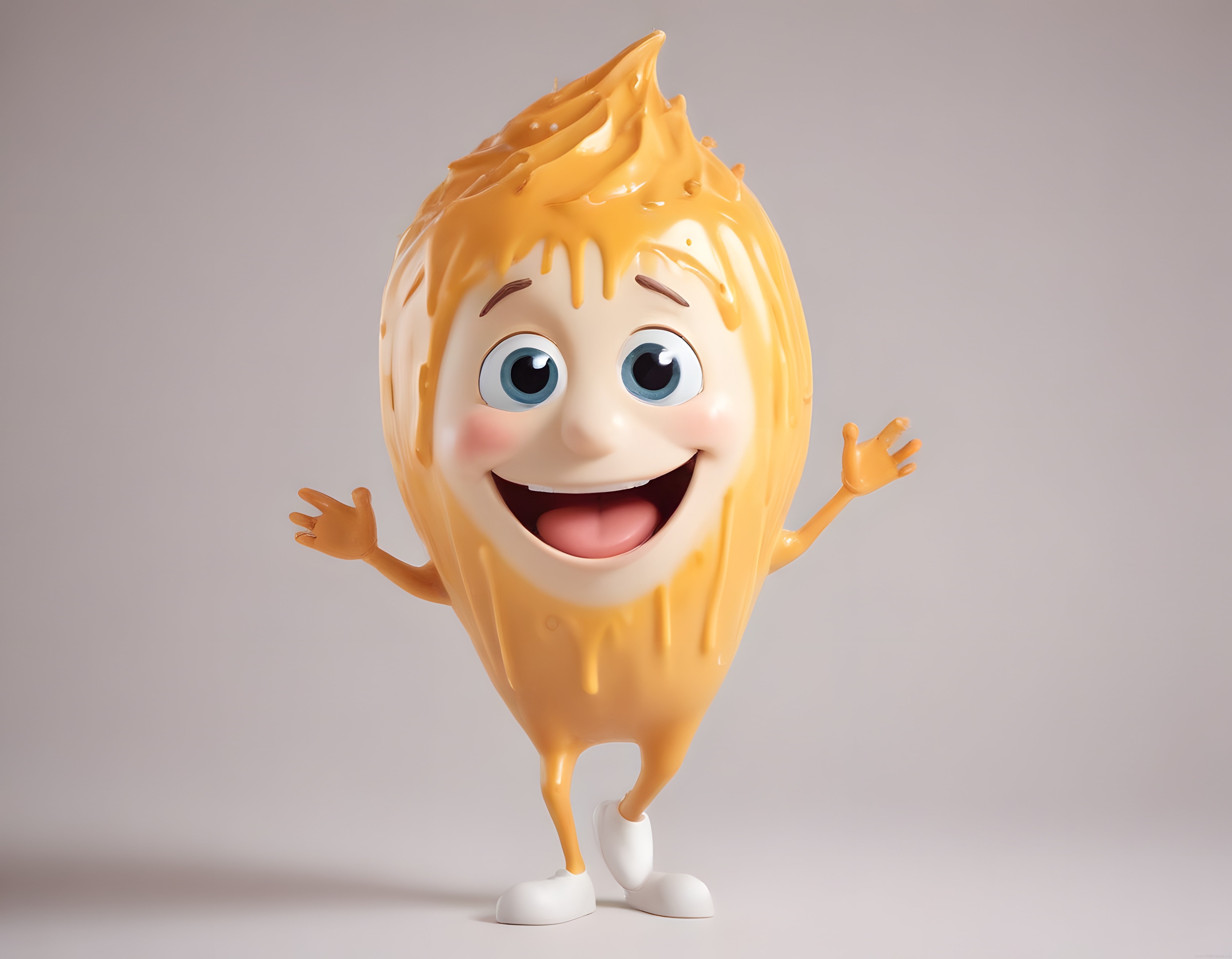 Üzerine karamel dökülmüş neşeli 3d animasyon yumurta maskotu poz veriyor