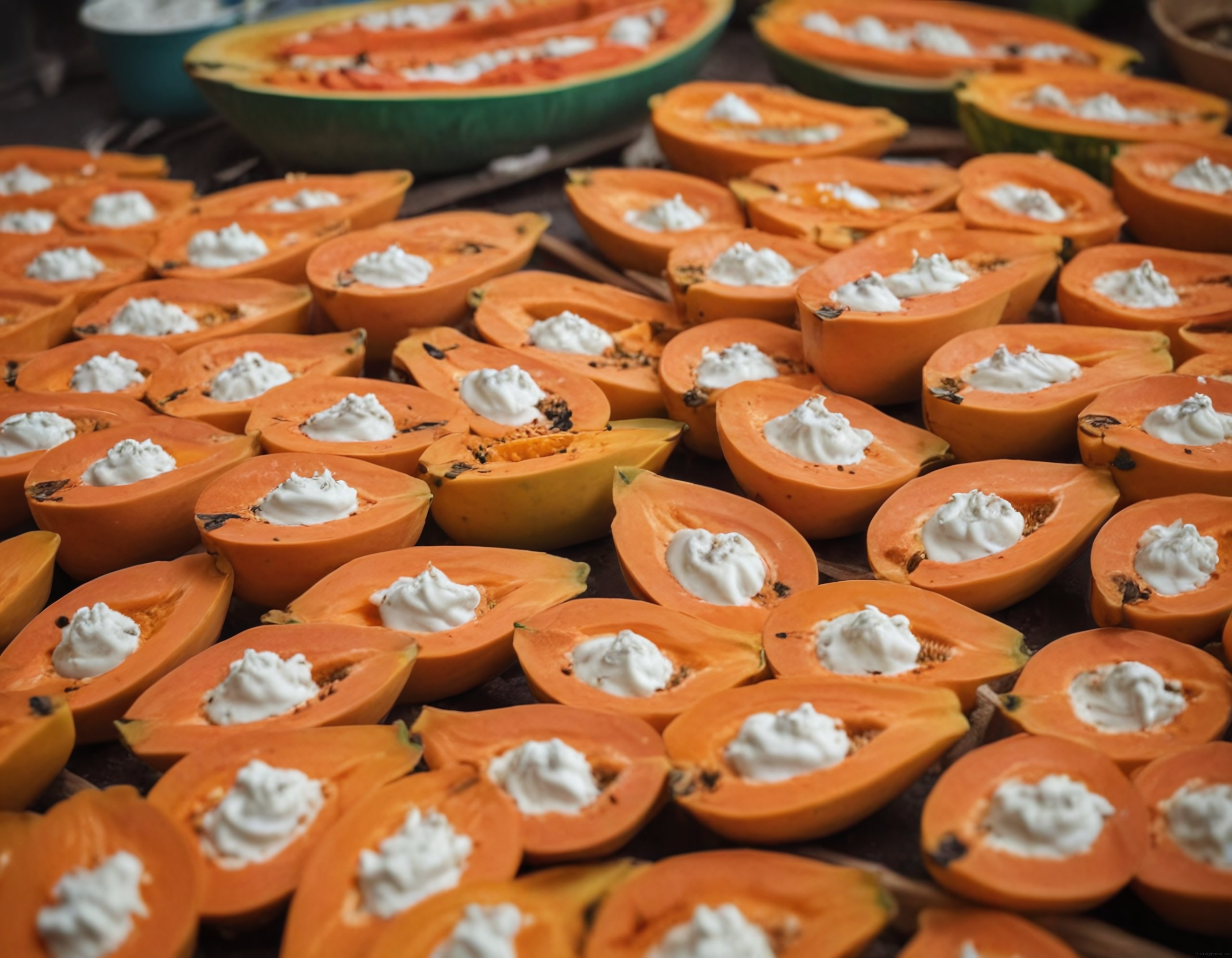 Üzerine Krema Süslenmiş Taze Papaya Dilimleri: Egzotik ve Leziz Bir Sunum