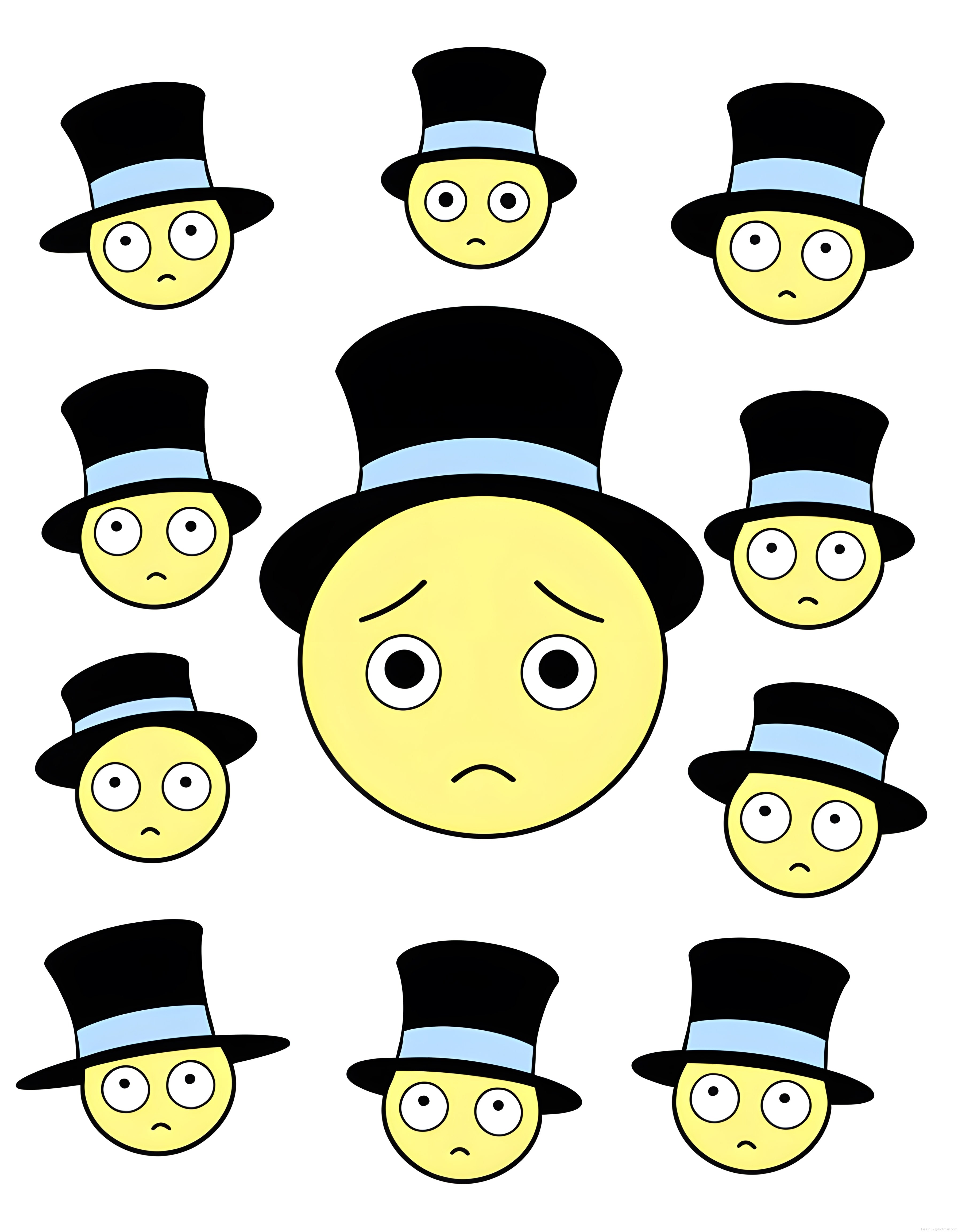 Üzgün Şapkalı Sarı Karakterler: Merkezde Büyük Figür ve Etrafında Dokuz Küçük Emoji
