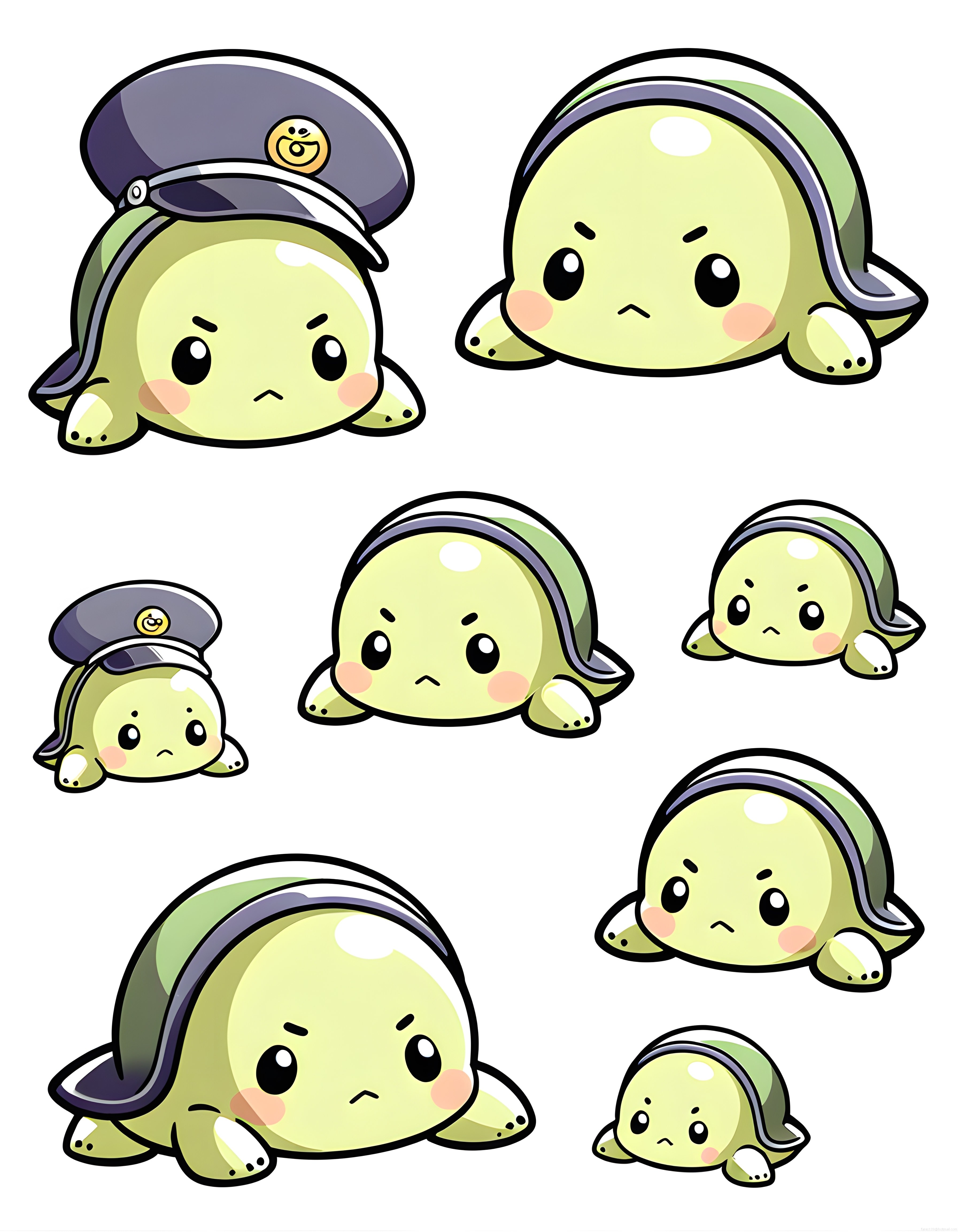 Üzgün Suratlı Sevimli Kaplumbağa Karakterleri: Kawaii Sticker ve Dijital Çizim Seti