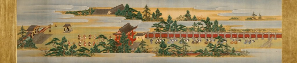 Uzun Japon Parşömen Tablosunda Göl Kenarında Tarihi Yapılar ve Orman