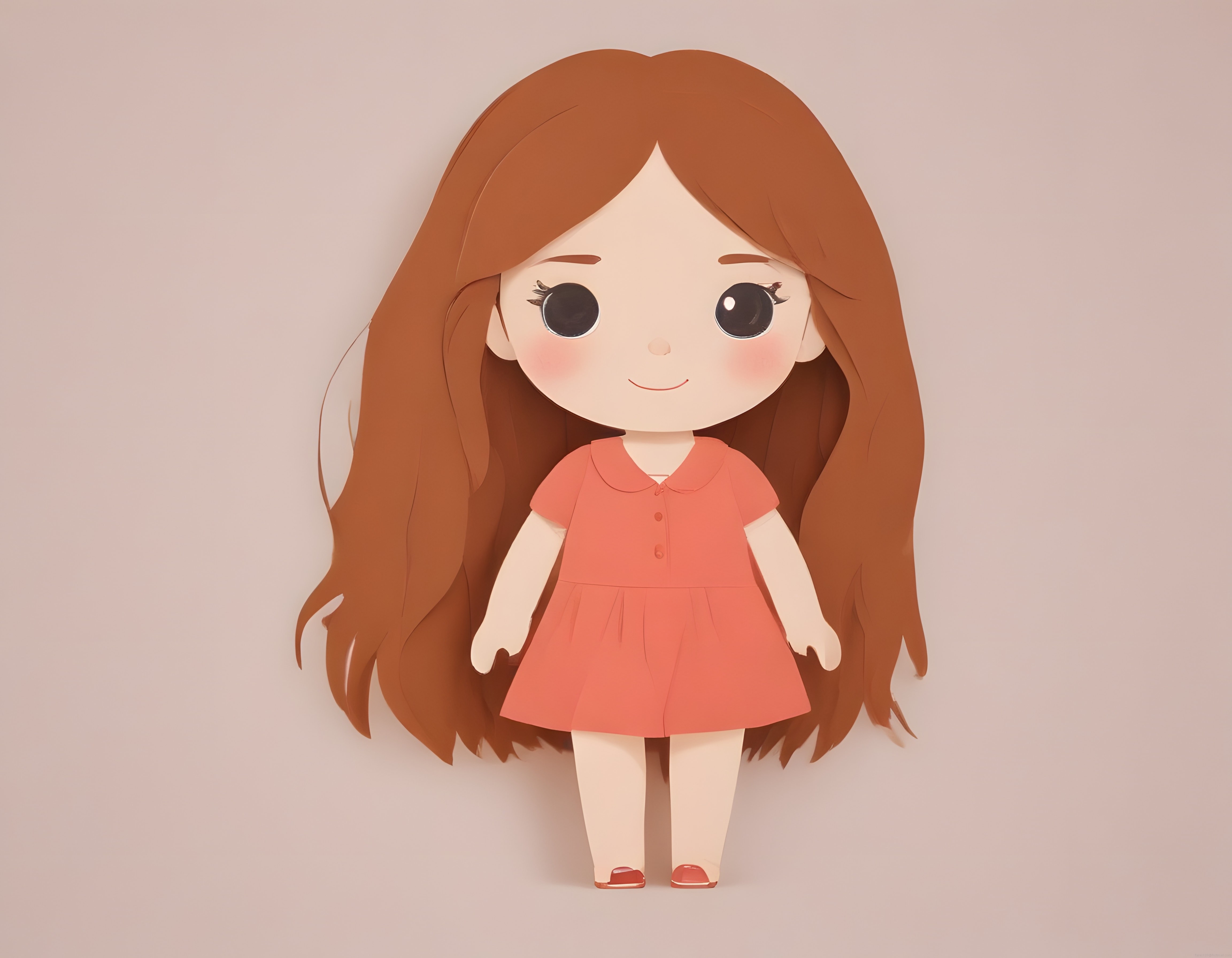 Uzun kahve saçlı sevimli kağıt katlama stili chibi kız karakteri illüstrasyonu