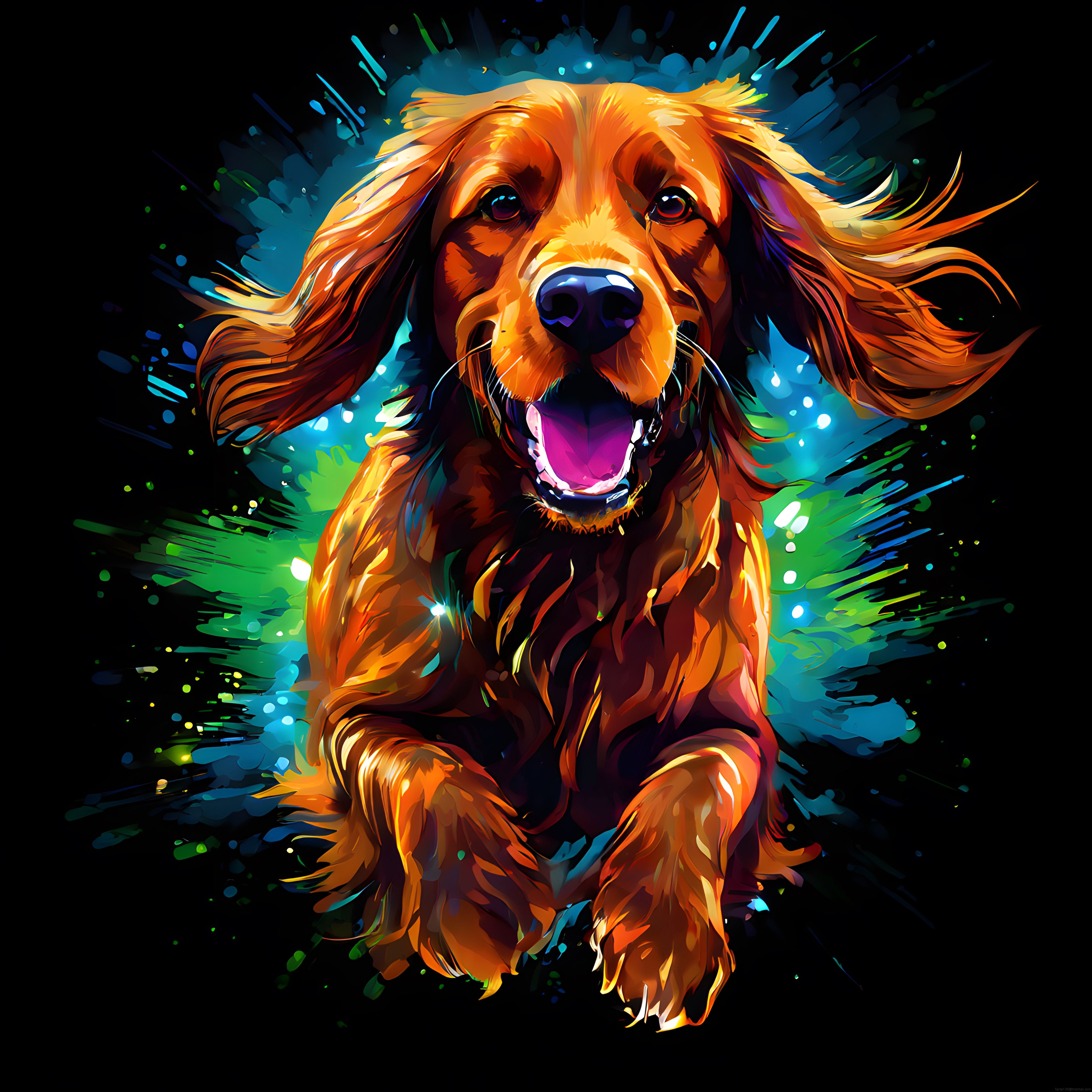 Uzun Tüylü Turuncu Köpeğin Siyah Zeminde Neon Dijital İllüstrasyonu