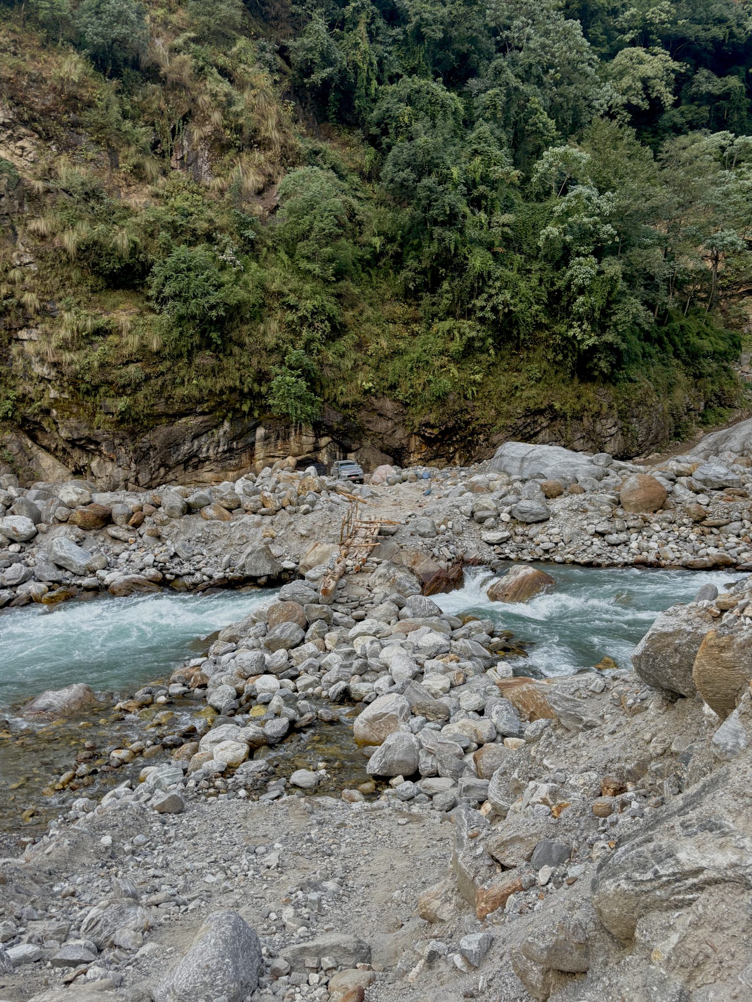 Vahşi Doğanın İzlerini Taşıyan Dağ Nehri ve Taşlı Orman Yolu Görünümü