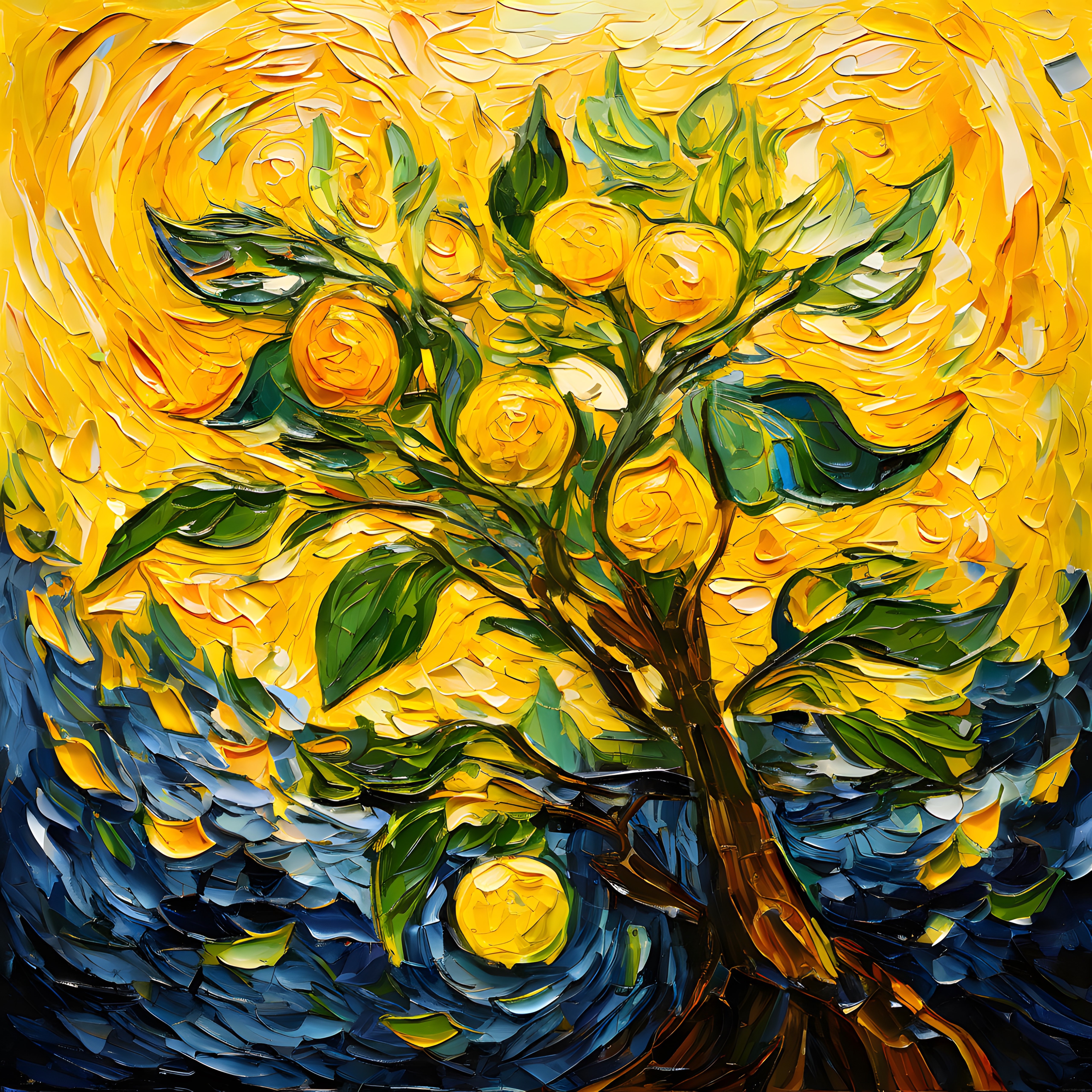 Van Gogh Etkili Limon Ağacı Tablosu: Parlak Sarı ve Lacivert Arka Planda Empasto