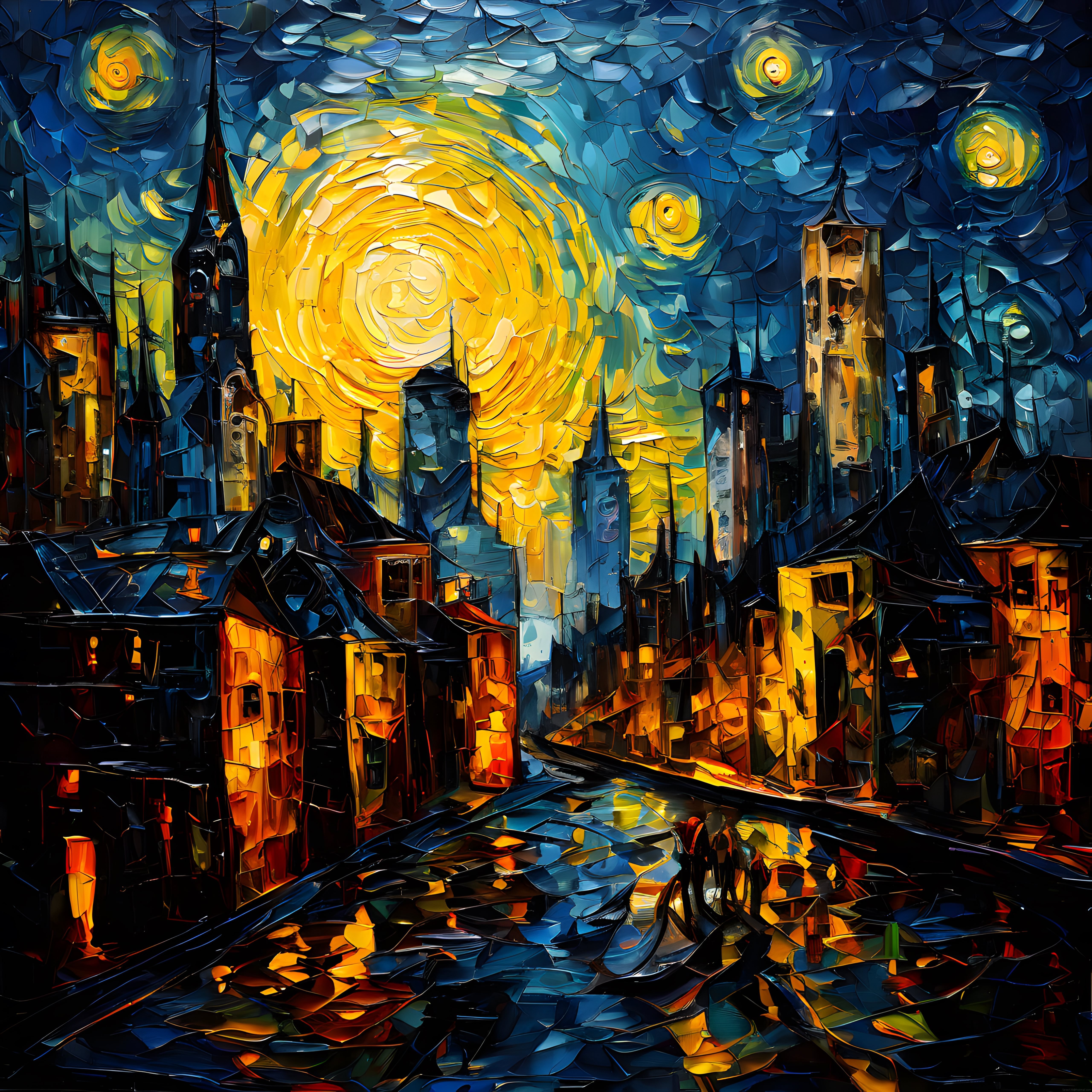 Van Gogh Tarzında Sarmal Ay ve Yıldızlar Altında Gece Şehri