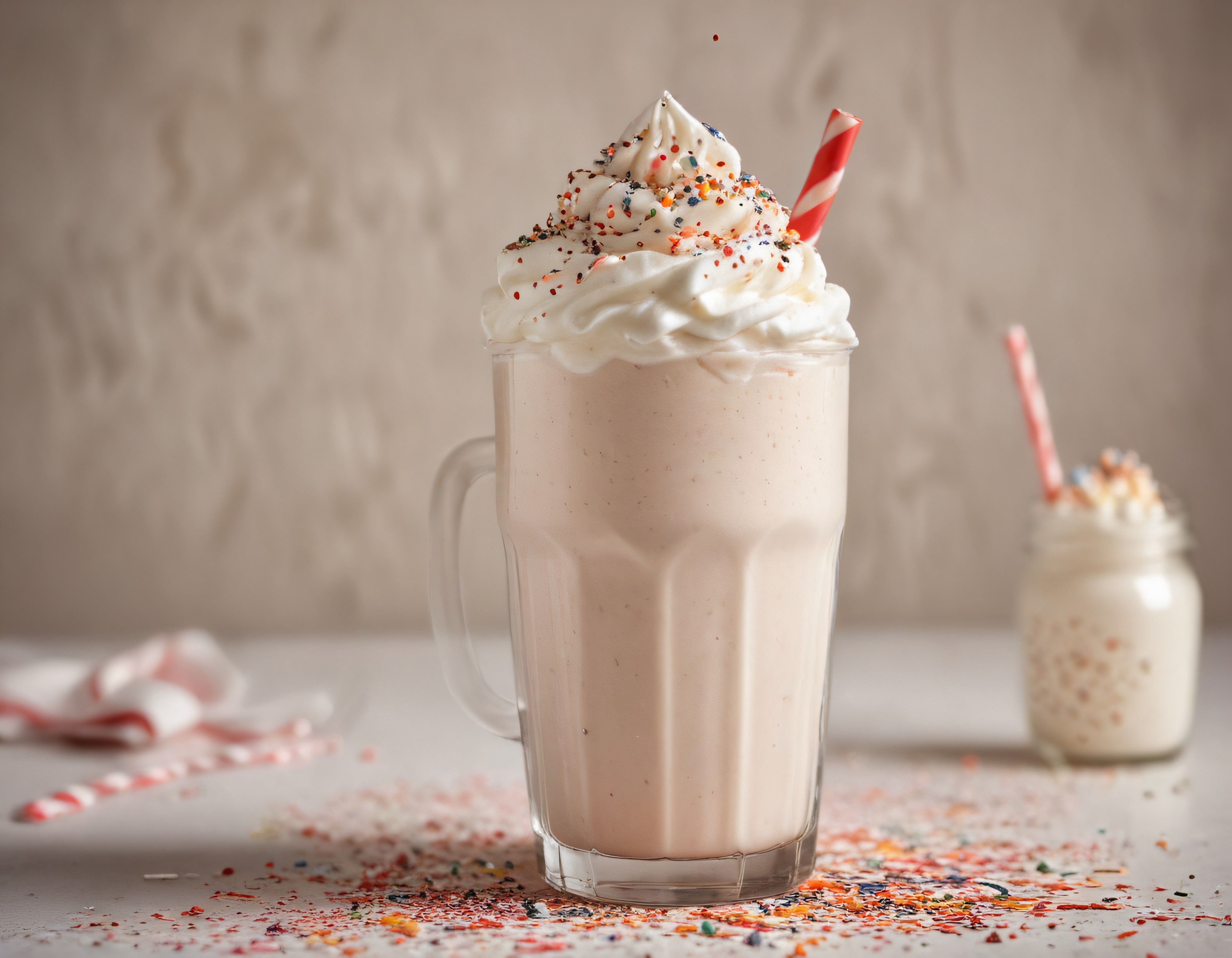 Vanilyalı milkshake rengarenk serpintiler ve bol krema ile cam kupada servis ediliyor