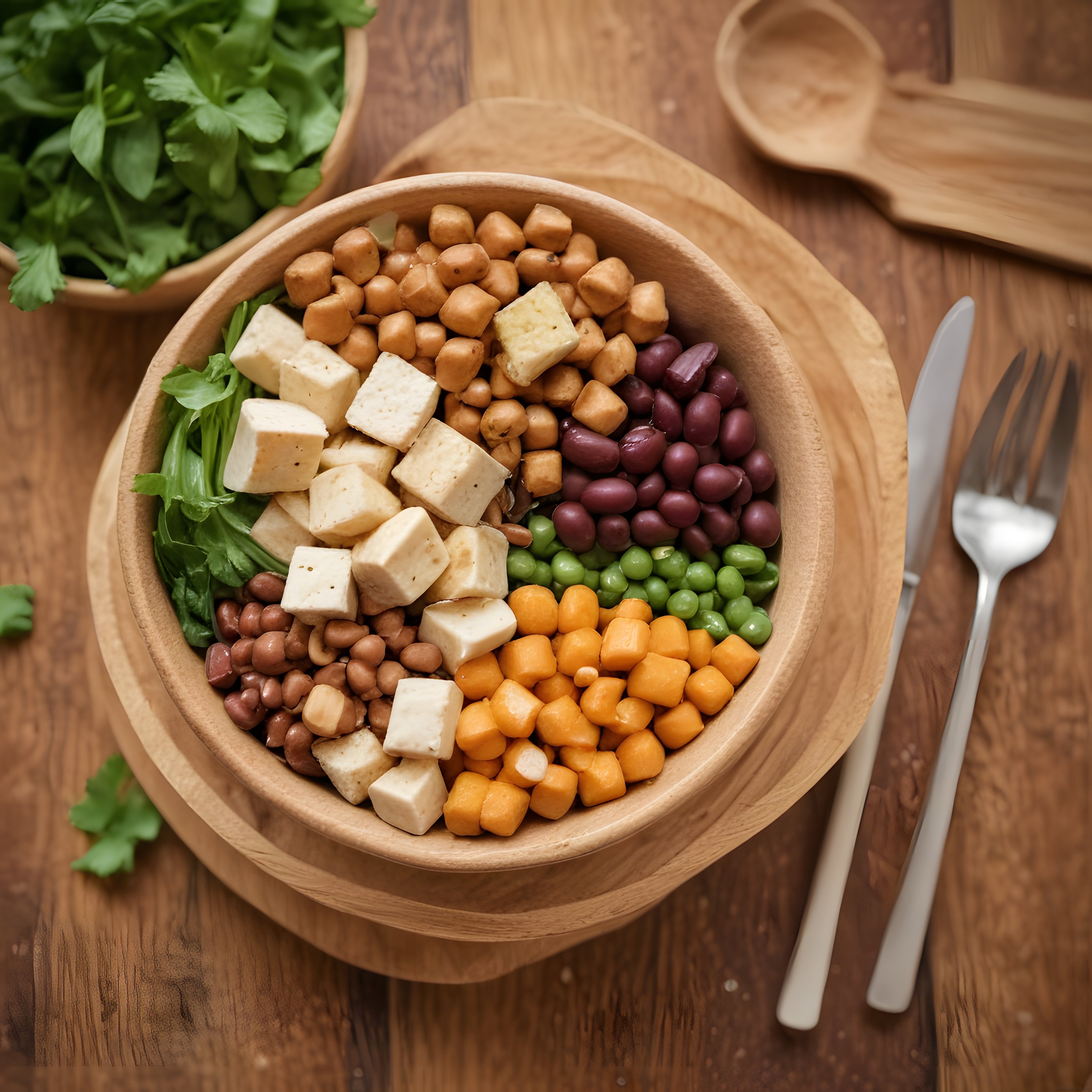 Vegan Buddha Bowl: Ahşap Kasede Tofu, Nohut ve Baklagilli Sağlıklı Salata