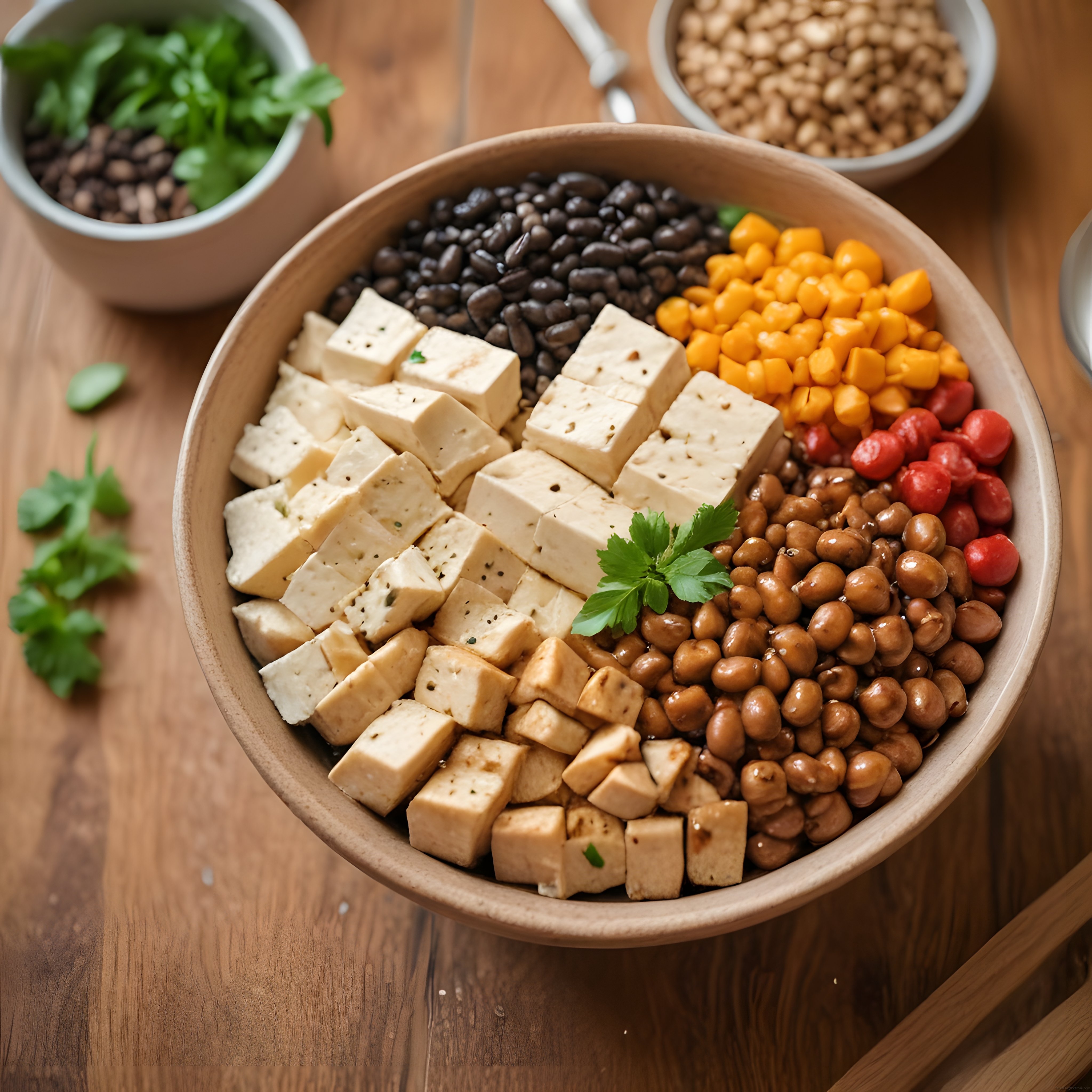 Vegan protein kasesi: tofu, siyah fasulye, nohut ve mısır ile besleyici öğün