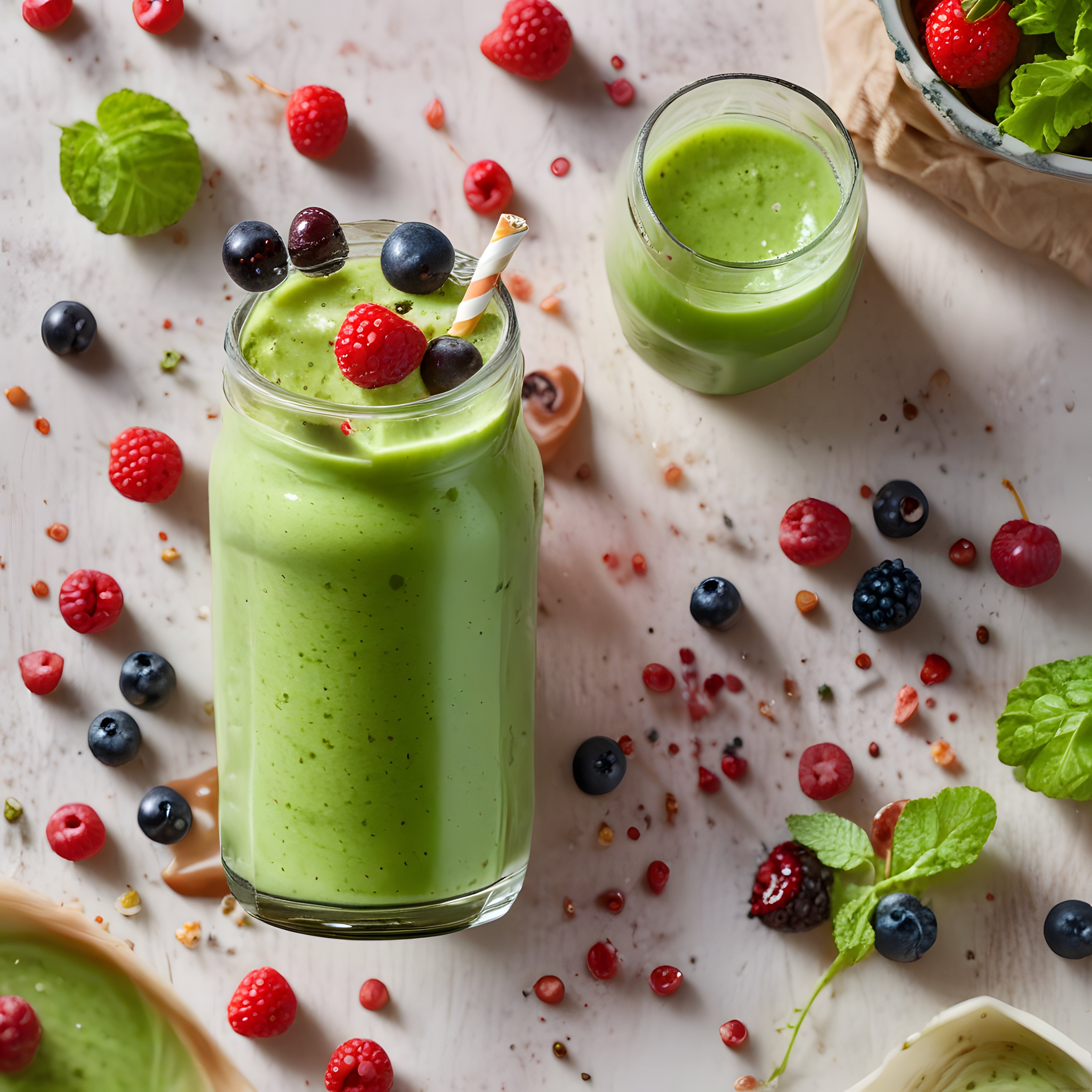 Vegan Yeşil Smoothie ve Taze Orman Meyveleriyle Enerjik Kahvaltı Masası