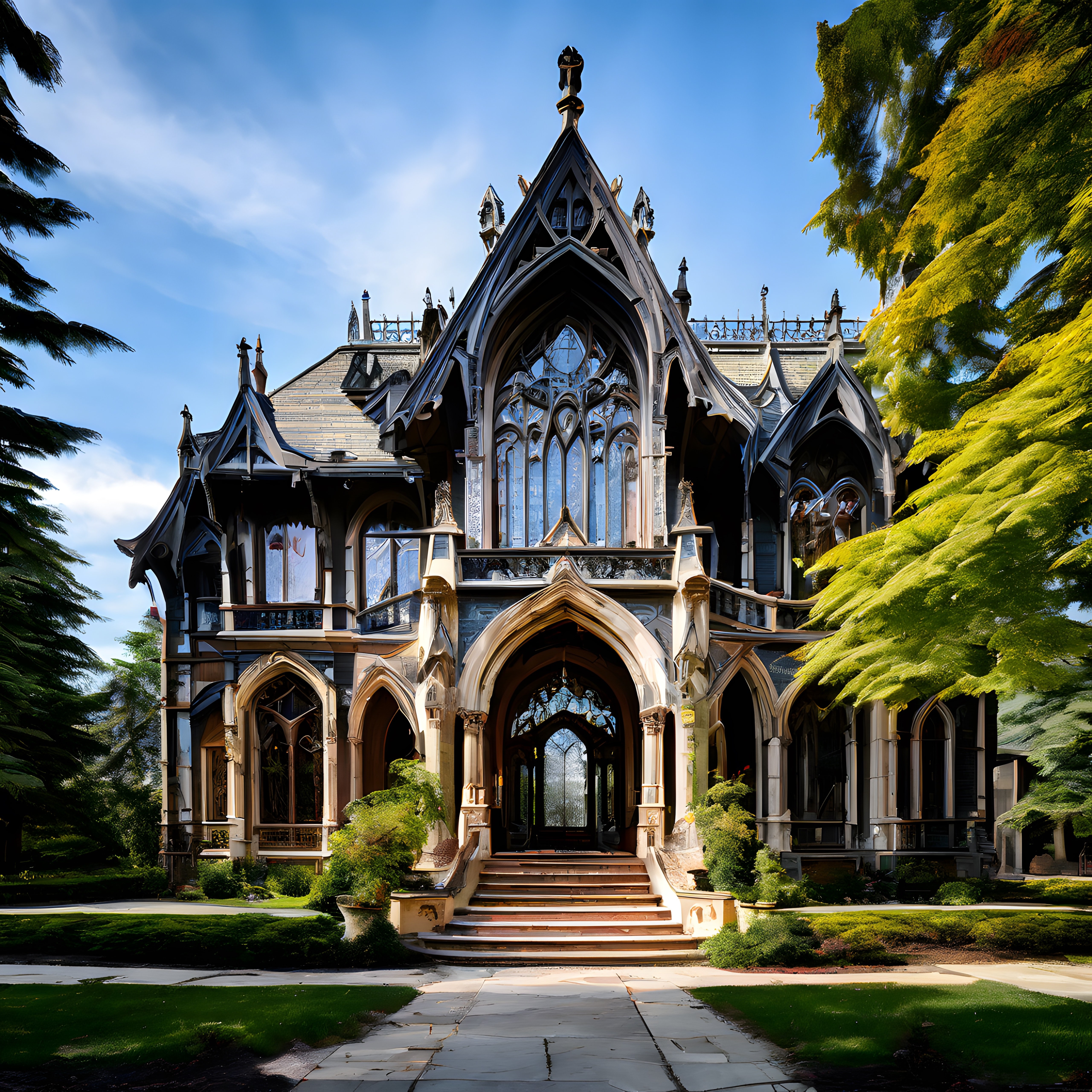 Victorian Dönemine Ait Gotik Revival Tarzda Süslü Ahşap Bir Köşk ve Bahçesi