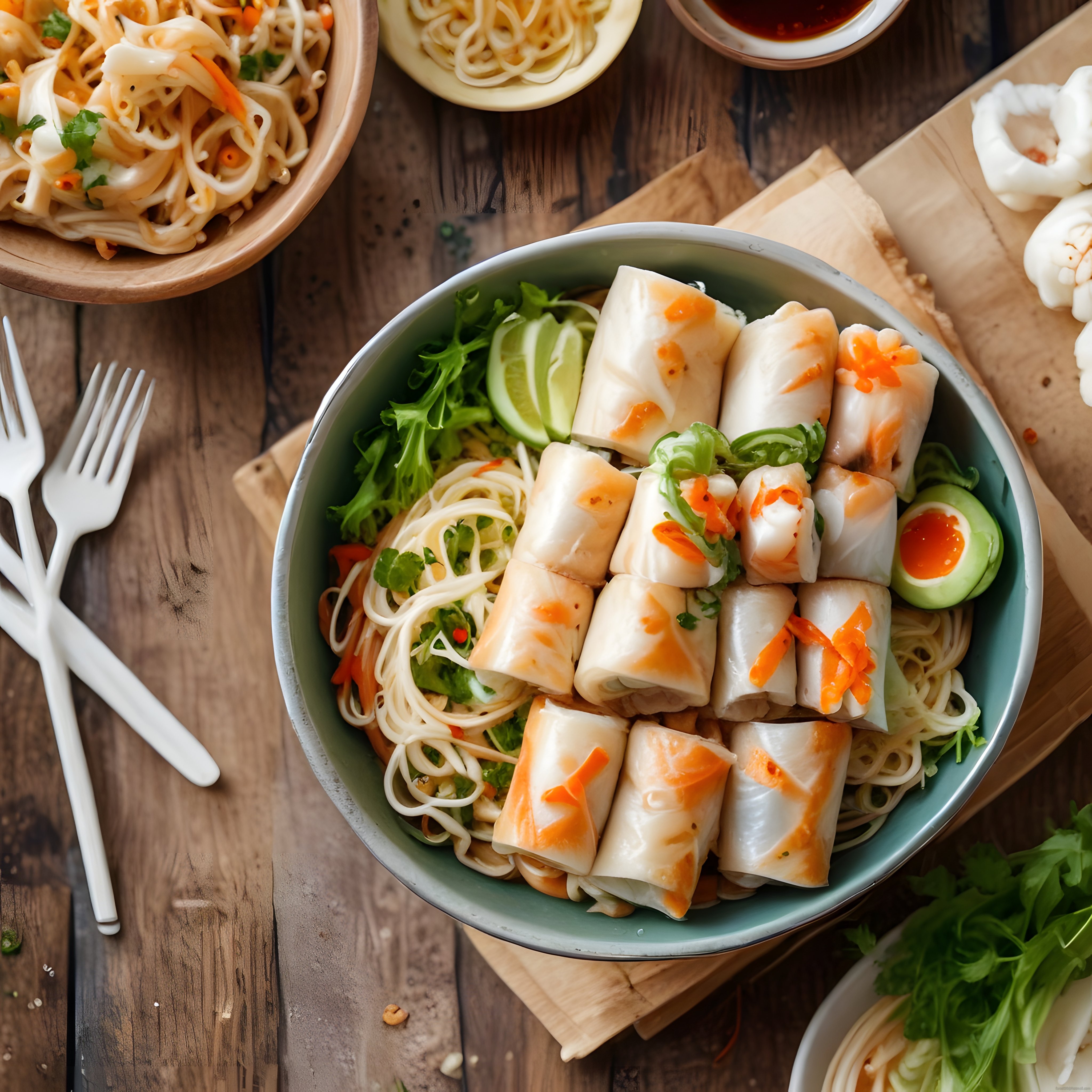 Vietnam Bahar Ruloları ve Erişte Salatası ile Renkli Asya Sofrası Sunumu