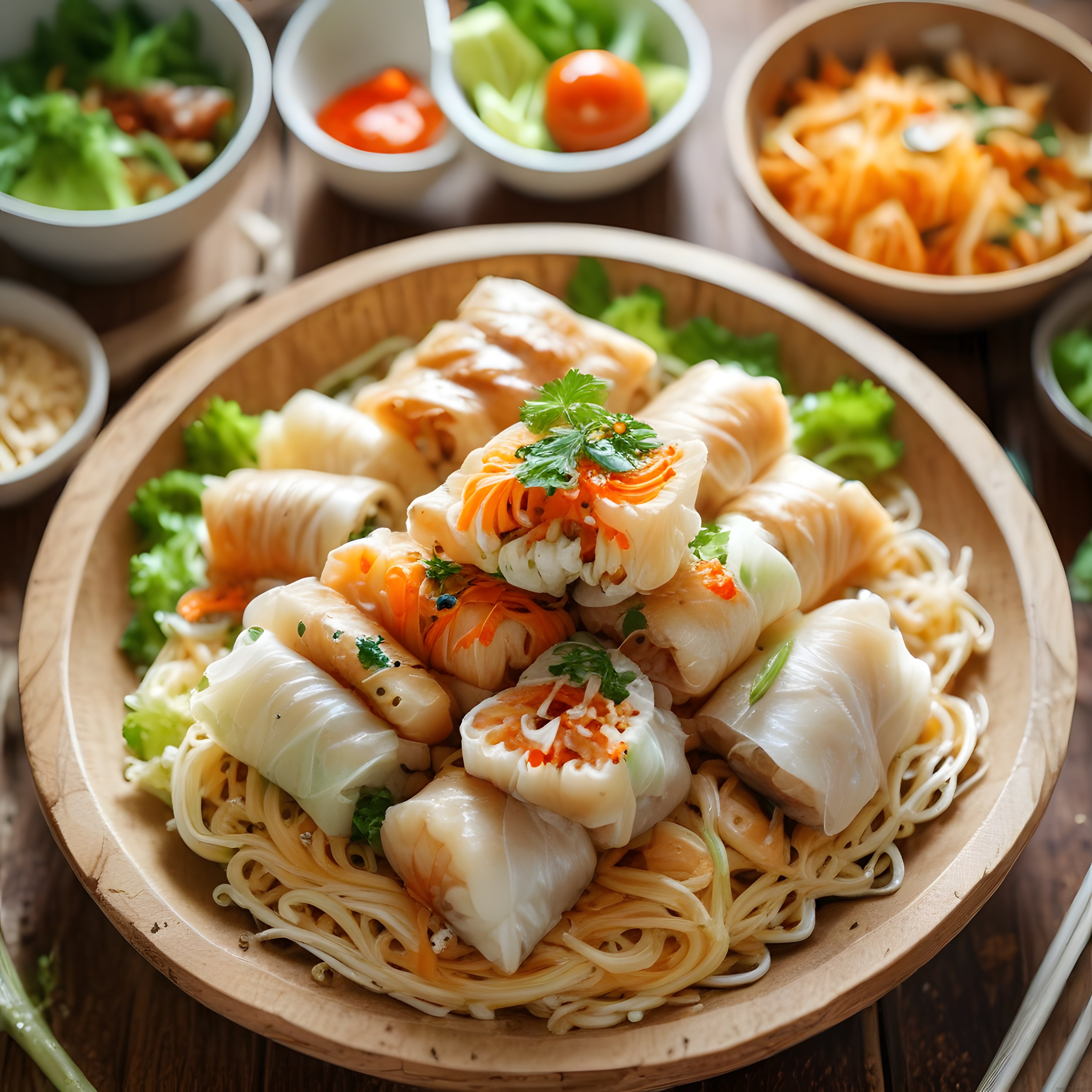 Vietnam Mutfağından Ev Yapımı Karidesli Bahar Ruloları ve Erişte Tabağı