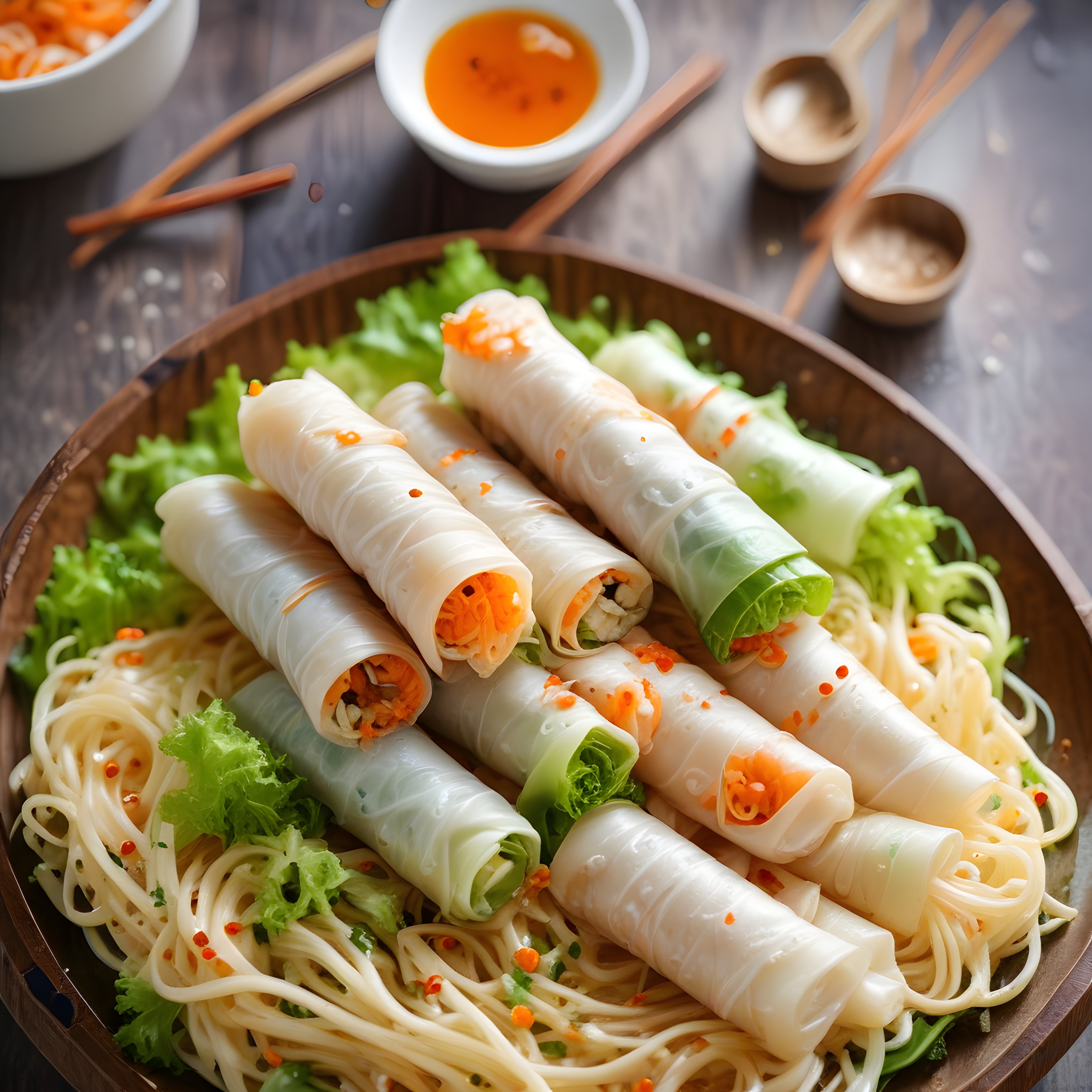 Vietnam Mutfağından Taze Bahar Ruloları ve Erişte Salatası Sunumu