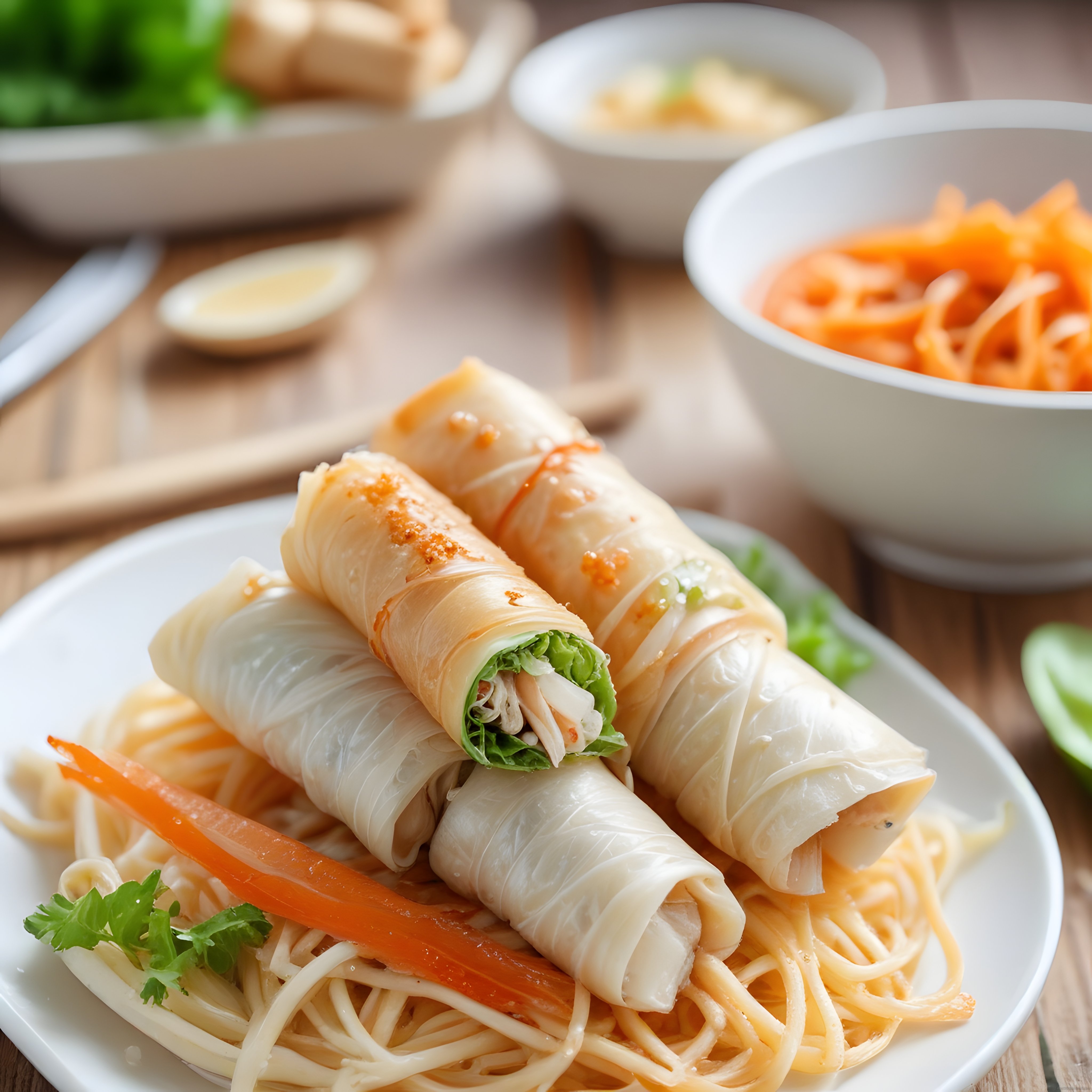 Vietnam Mutfağından Taze Sebzeli Bahar Ruloları ve Erişte Salatası Sunumu