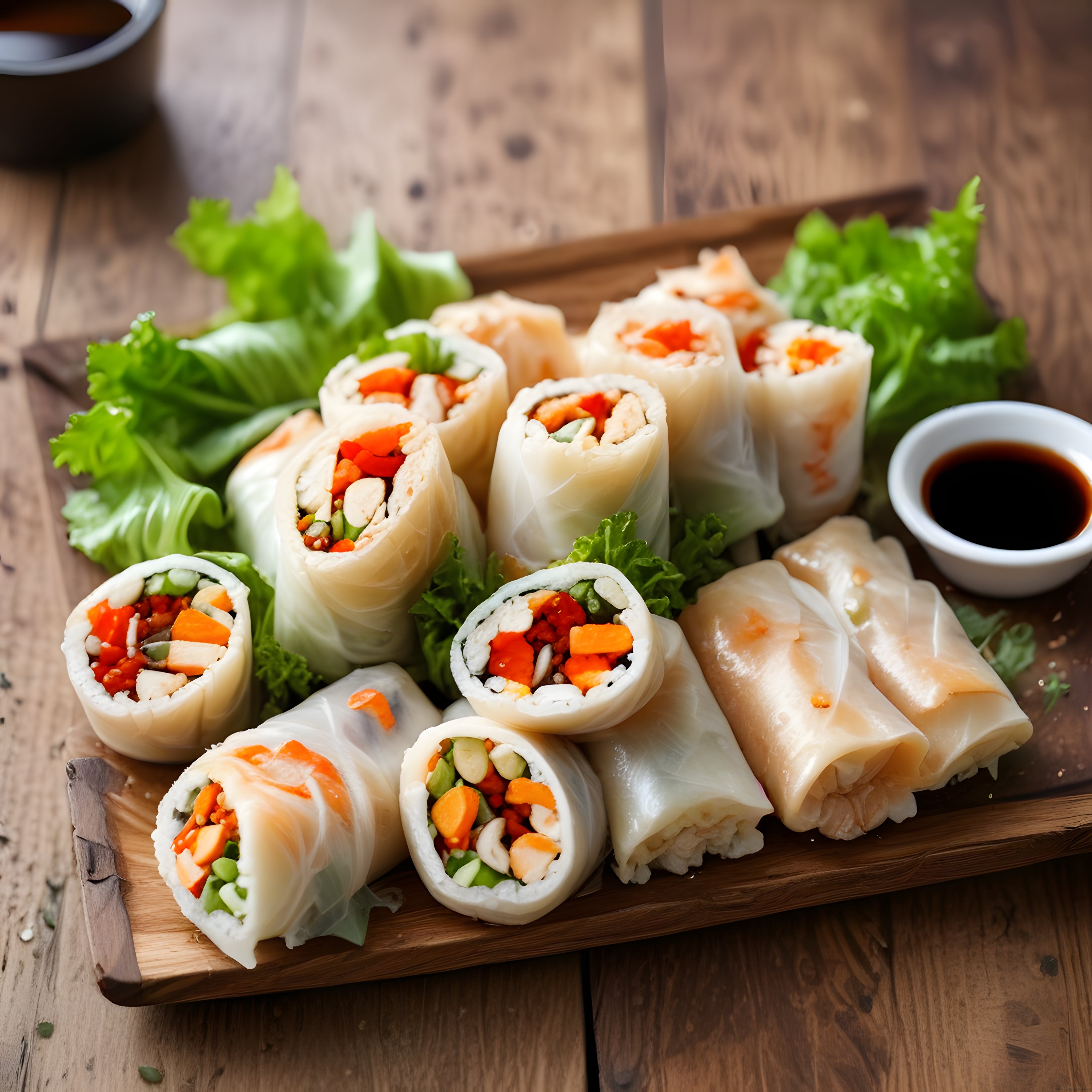 Vietnam Mutfağından Taze Sebzeli Bahar Ruloları ve Soya Sosu Eşliğinde Sunum
