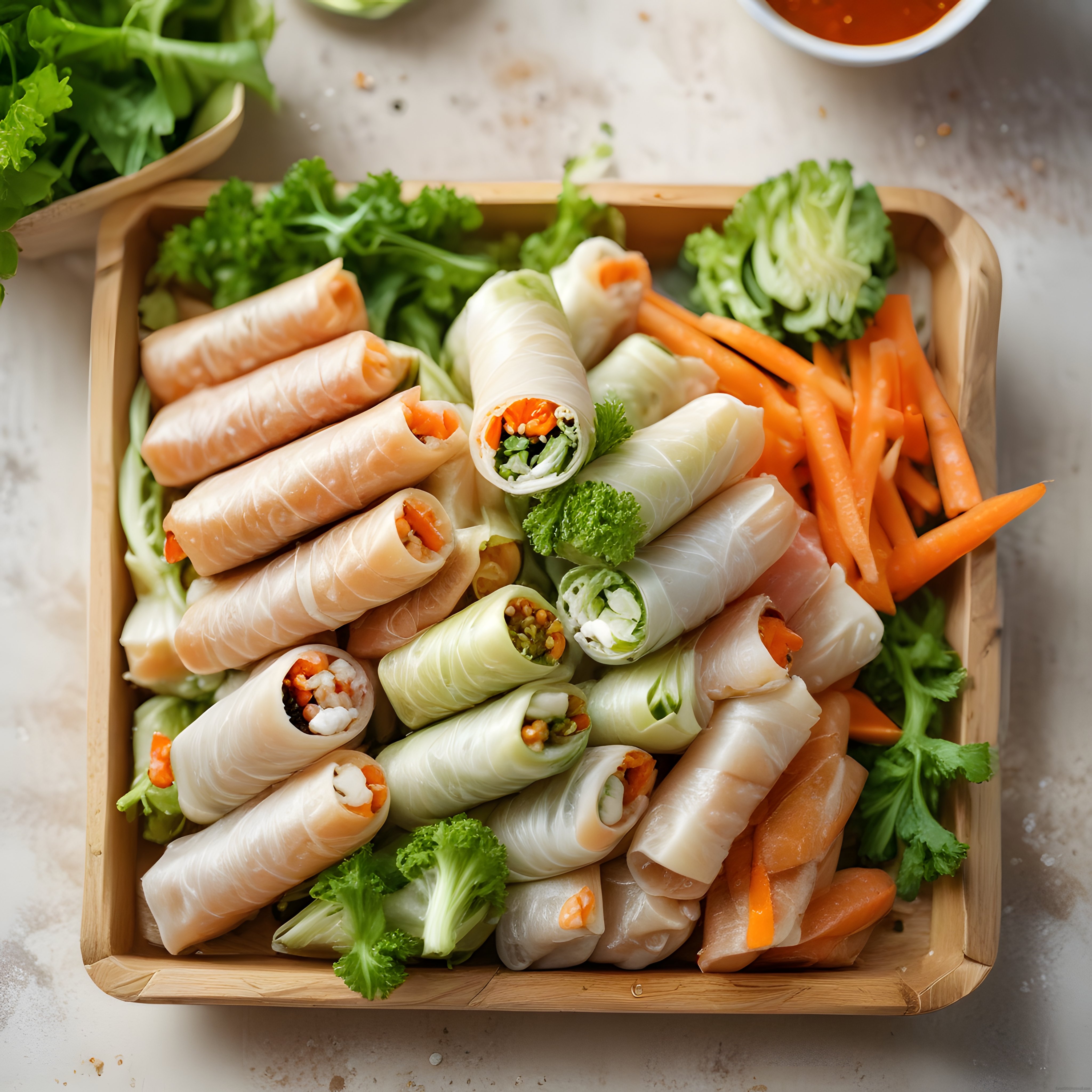 vietnam mutfağından taze yazı rulosu ve salata ruloları bambu sunum