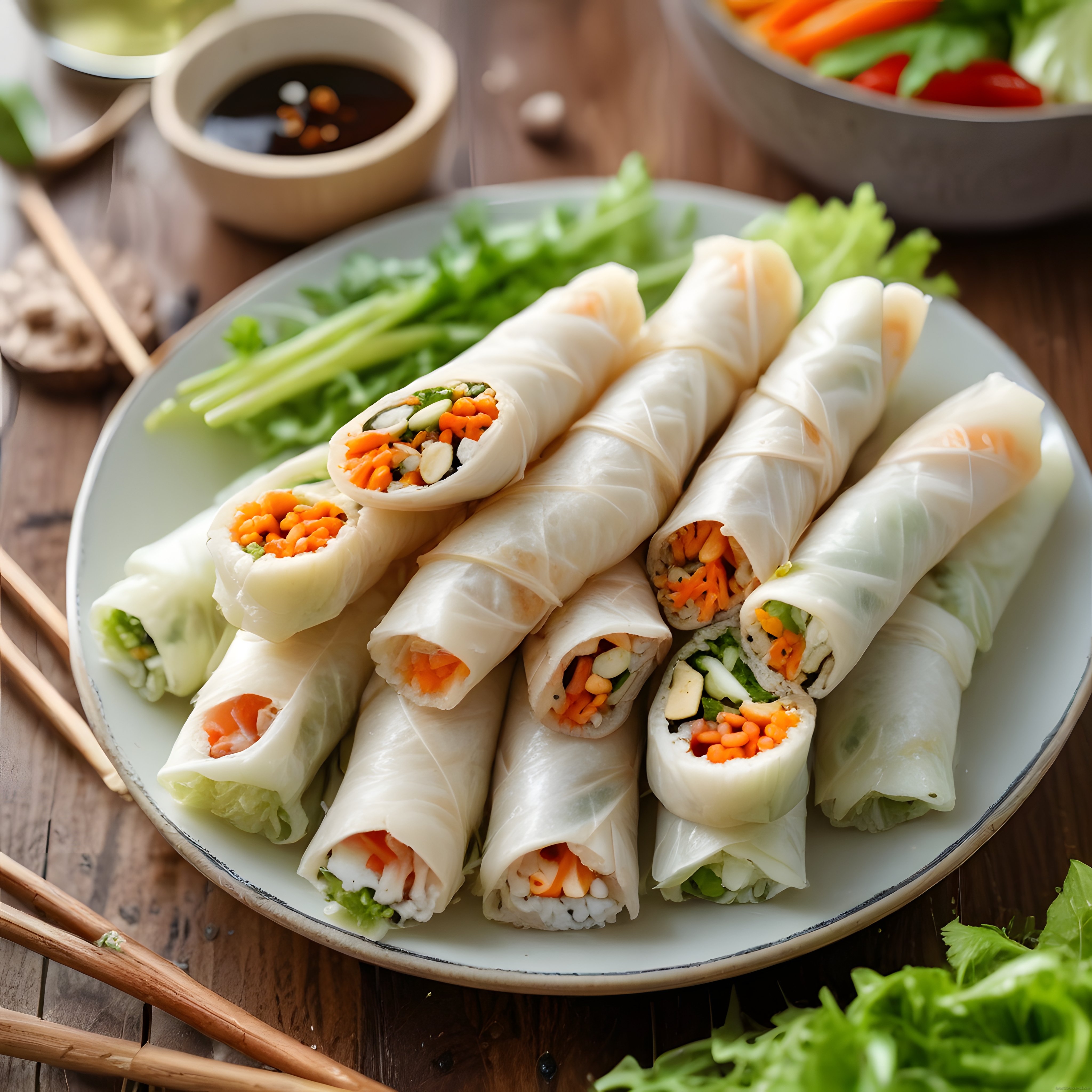 Vietnam Usulü Karidesli Taze Bahar Ruloları ve Dip Sos ile Lezzetli Sunum