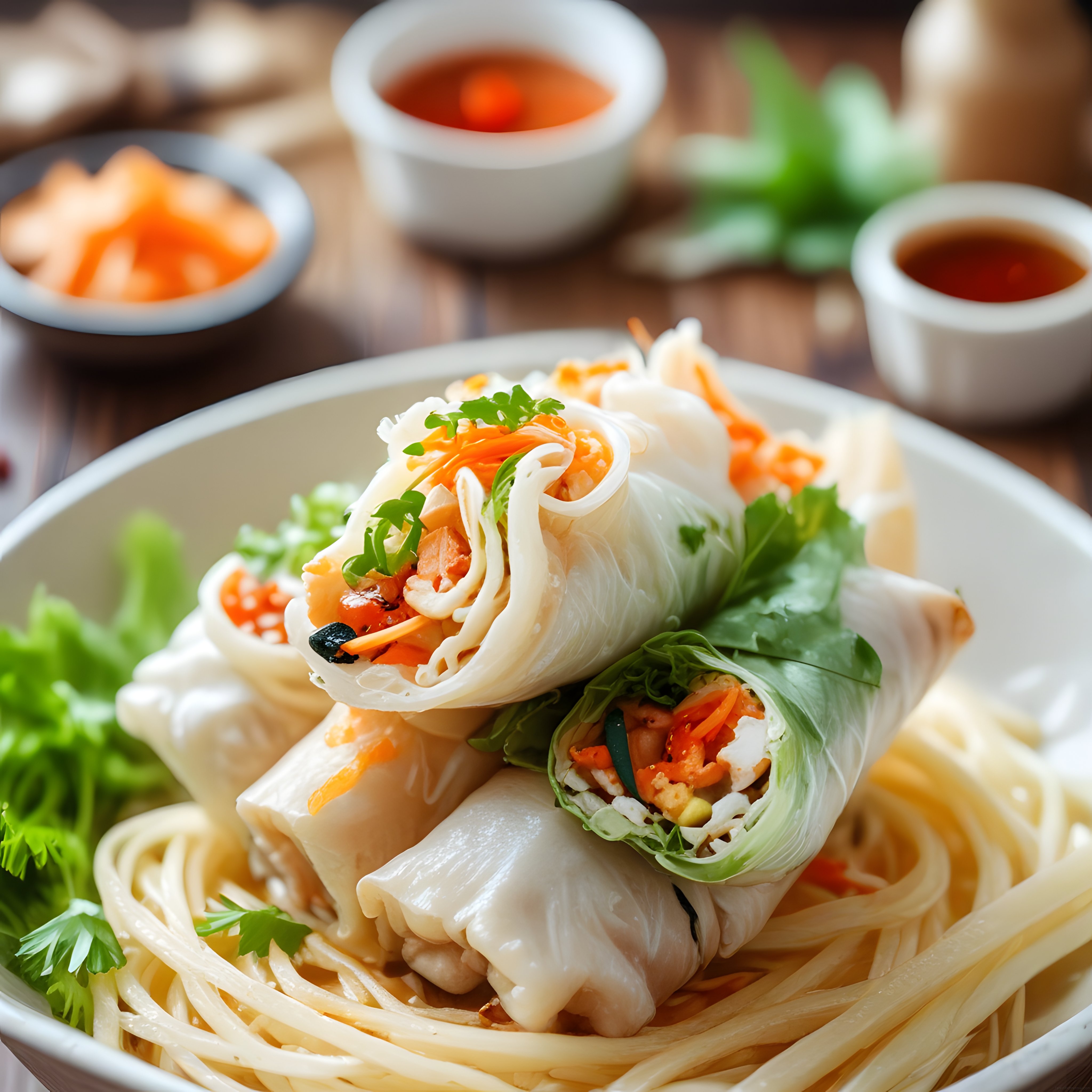 Vietnam Usulü Taze Sebzeli Bahar Ruloları, Erişte ve Dip Soslarla