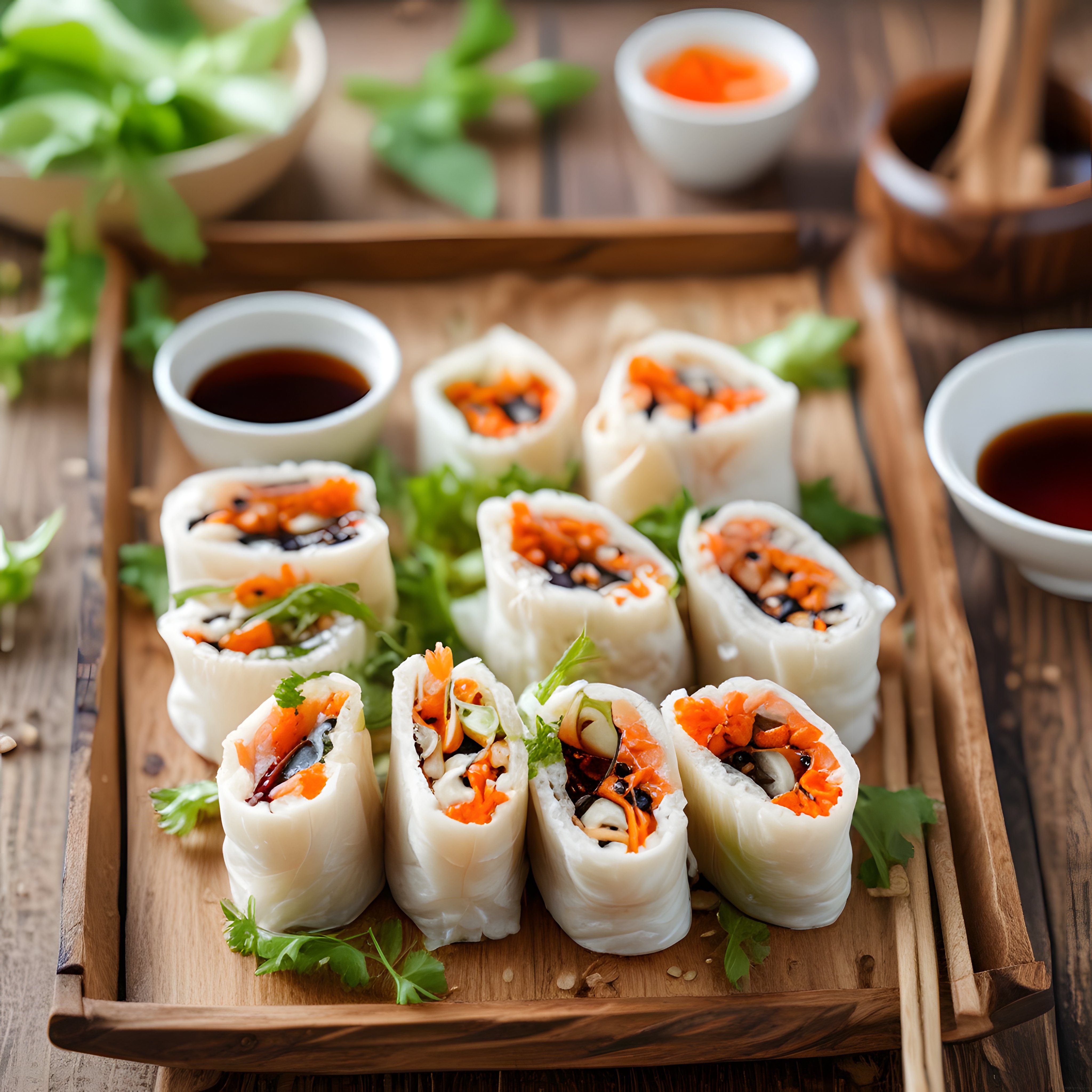 Vietnam usulü taze sebzeli bahar ruloları, soya sosu ve rustik ahşap sunum