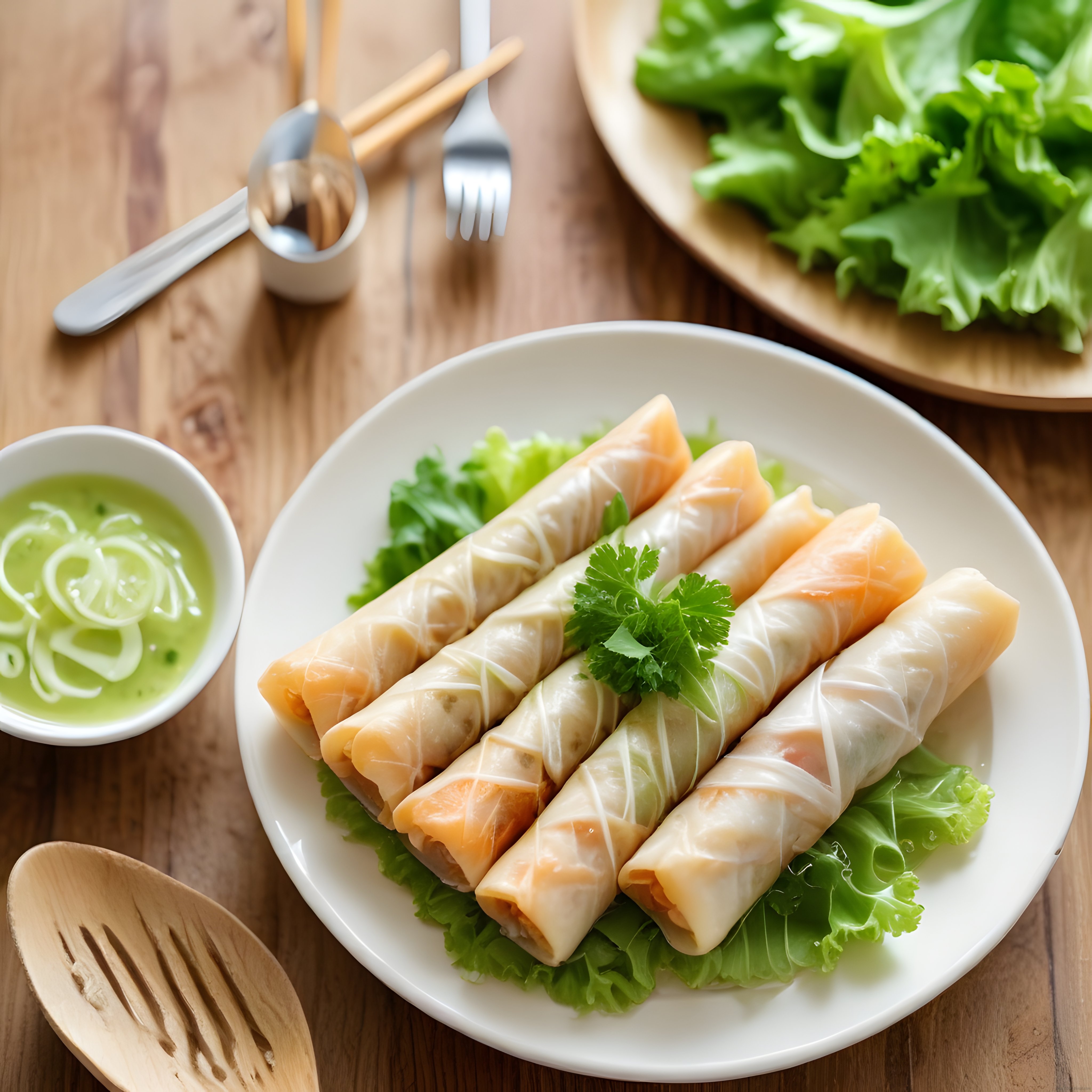 Vietnam usulü taze yaz ruloları limonlu sos ve marul yapraklarıyla servis