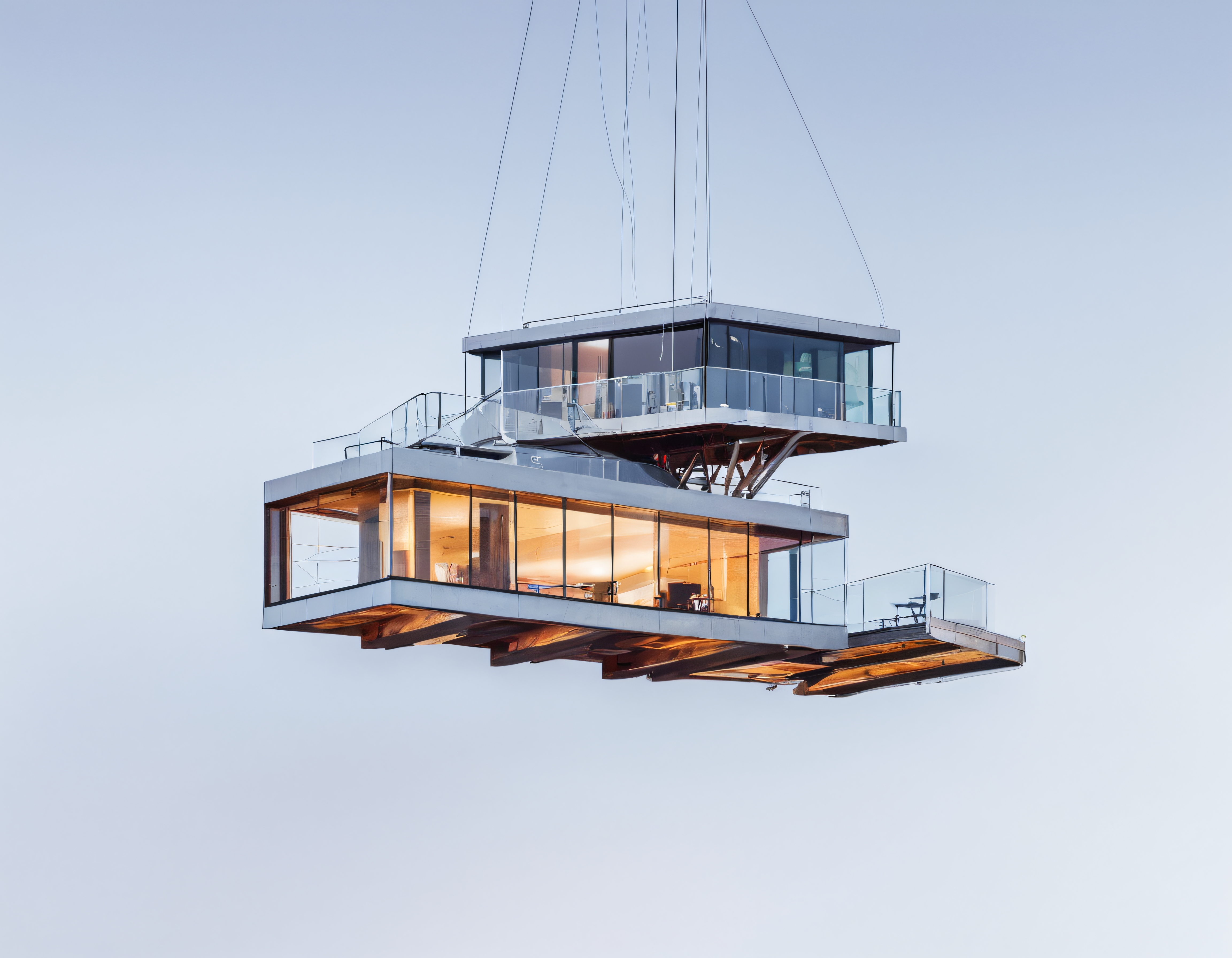 Vinçlerle Havada Taşınan Modern Camlı Villa ve Süspansiyon Detayları