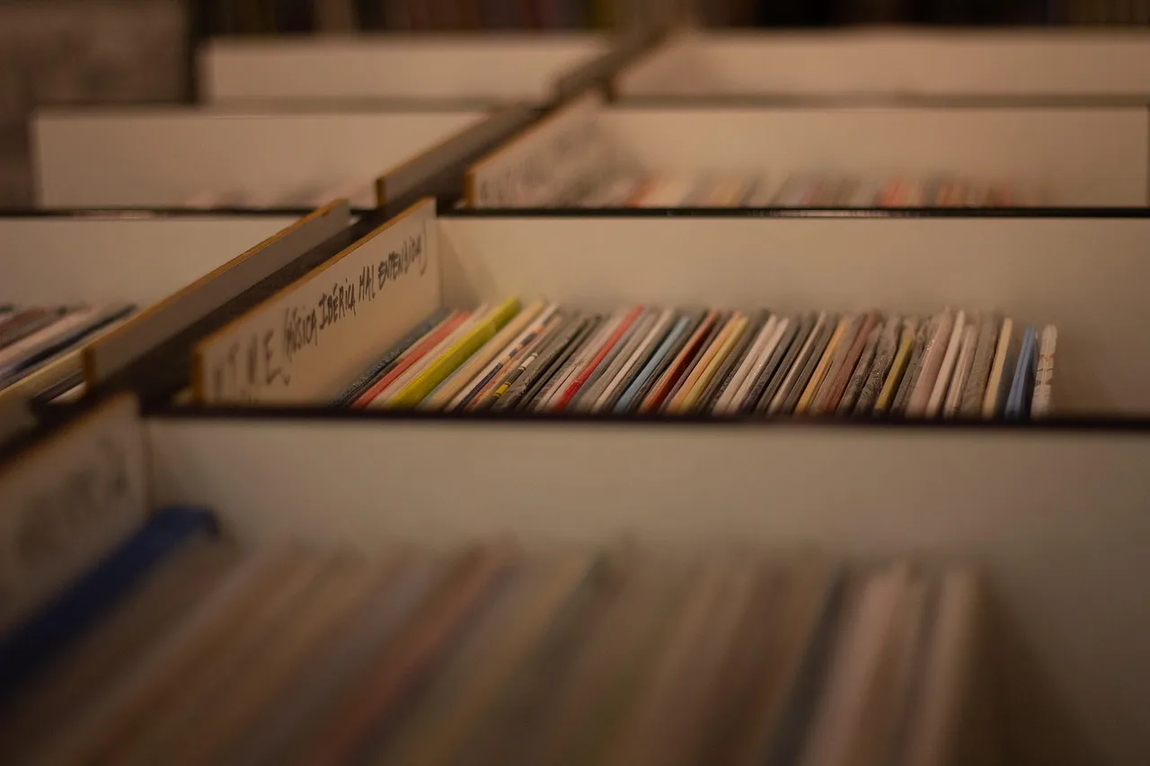 Vinil plaklarla retro müzik dükkanı görüntüsü