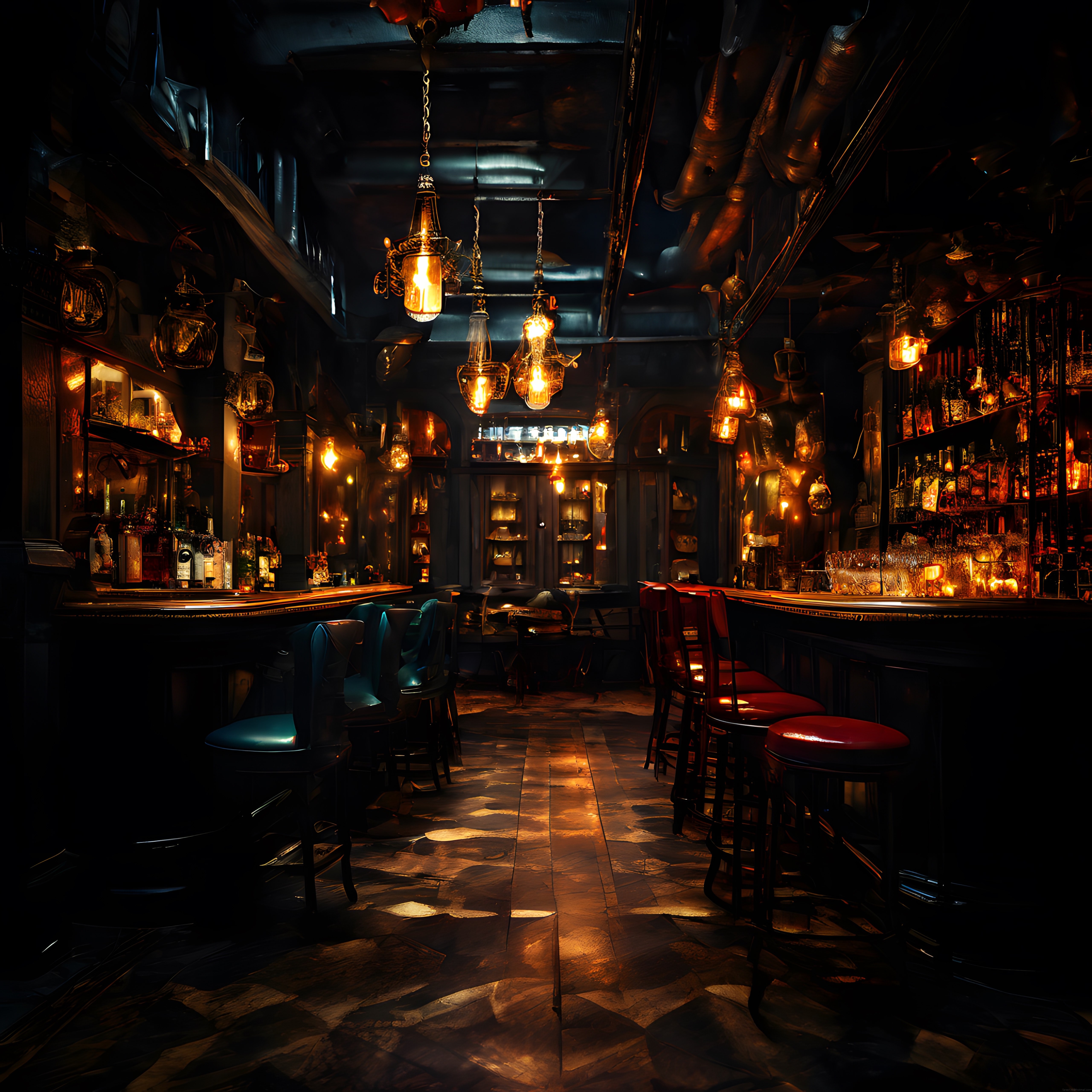 Vintage bar iç mekanı, sıcak sarkıt lambalar ve gizemli gece atmosferi