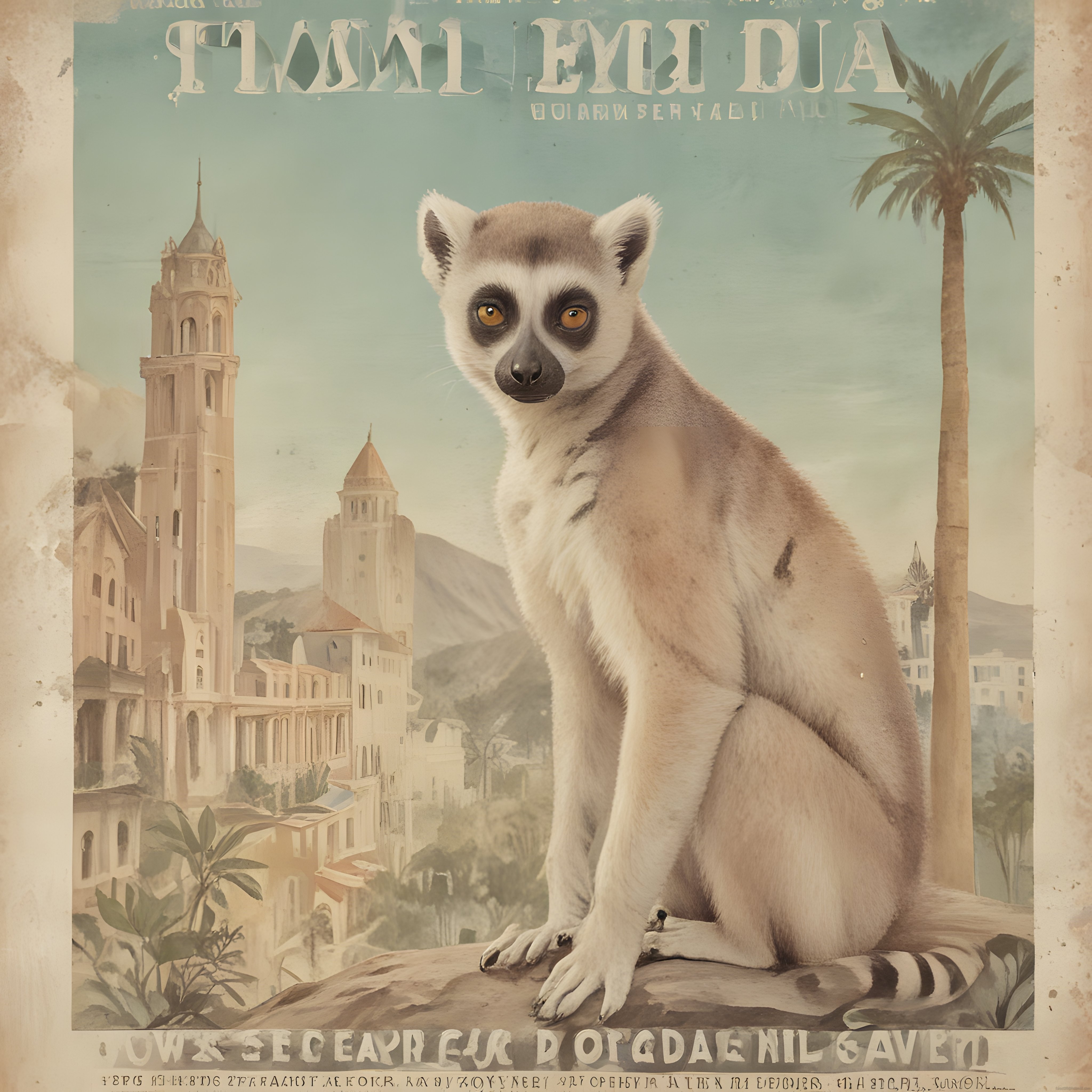 Vintage İtalya Seyahat Posteri Üzerinde Oturan Kuyruklu Lemur Sahnesi