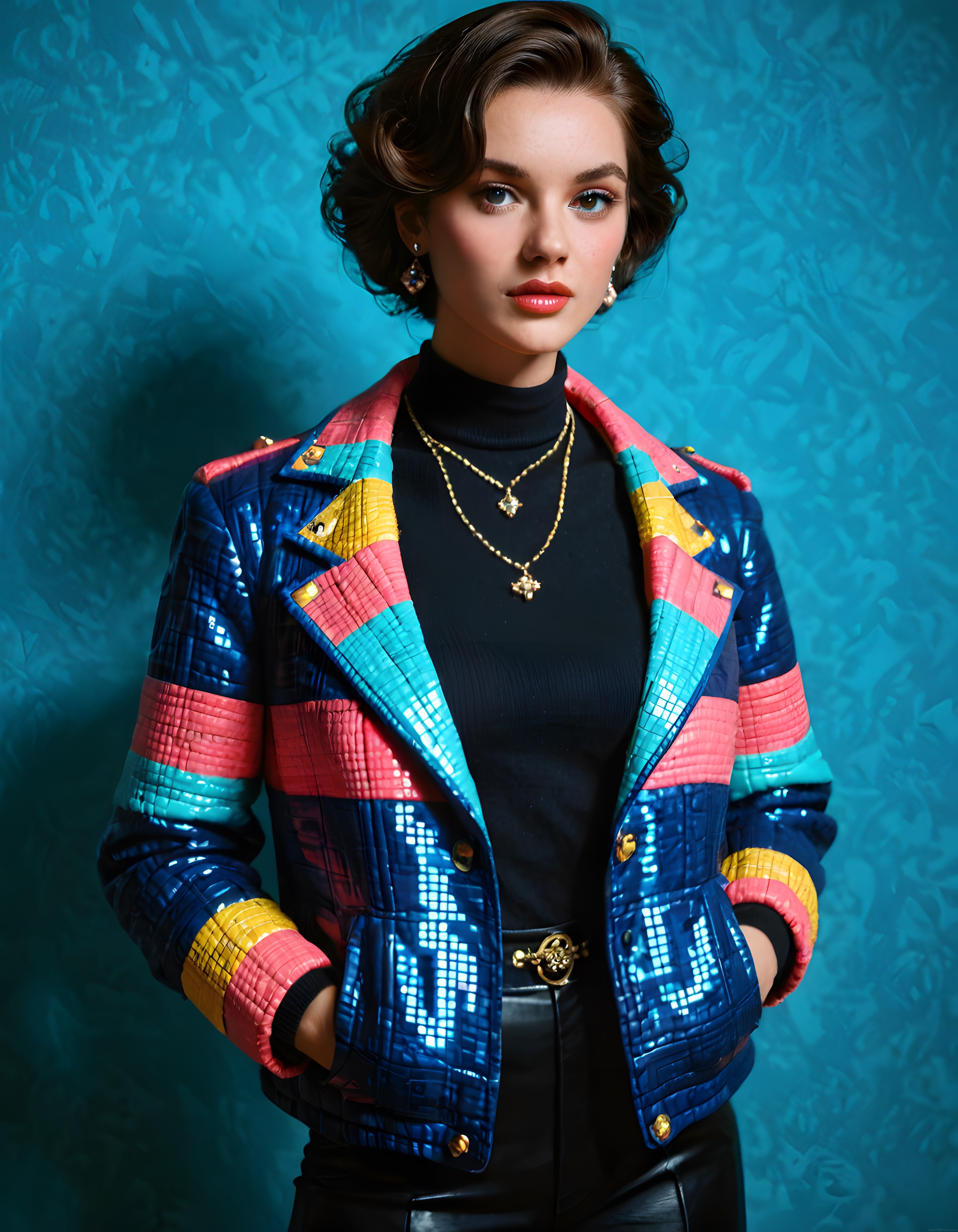 Vintage stil kadın portresi: Renkli geometrik ceket ve lüks retro aksesuarlar