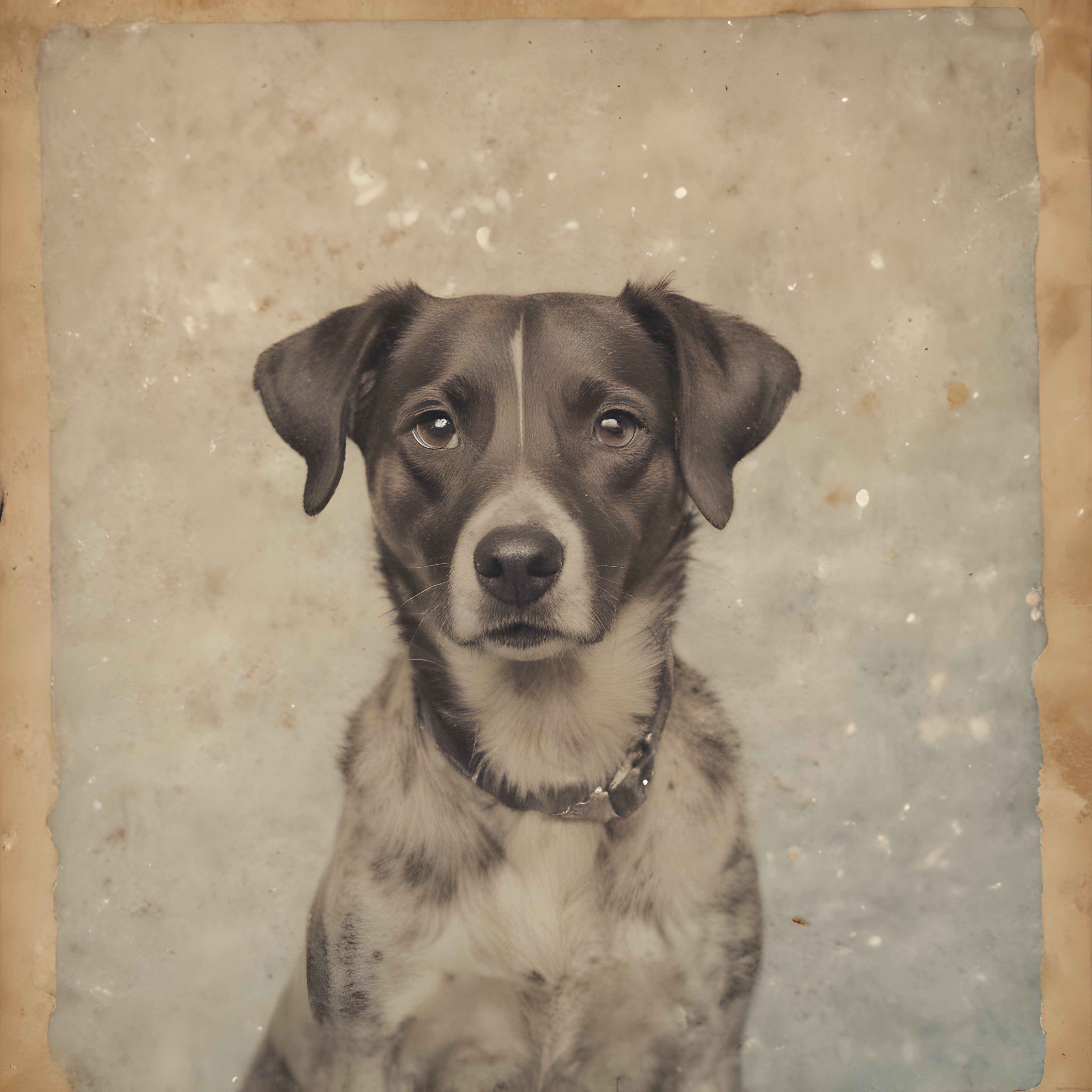 Vintage tarzda yıpranmış antika kağıda basılmış siyah beyaz evcil köpek portresi