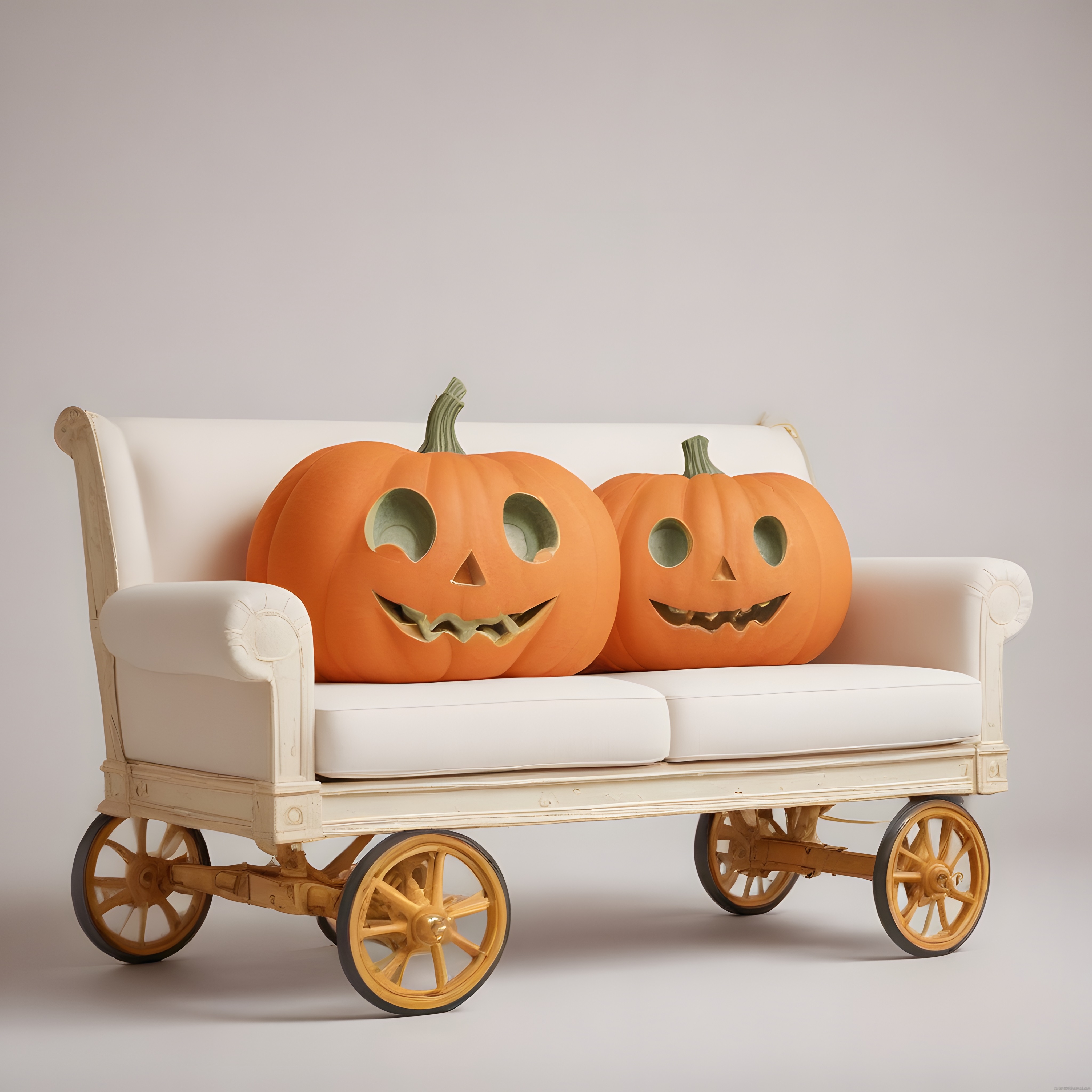 Vintage tekerlekli koltukta oturan gülümseyen Halloween balkabakları
