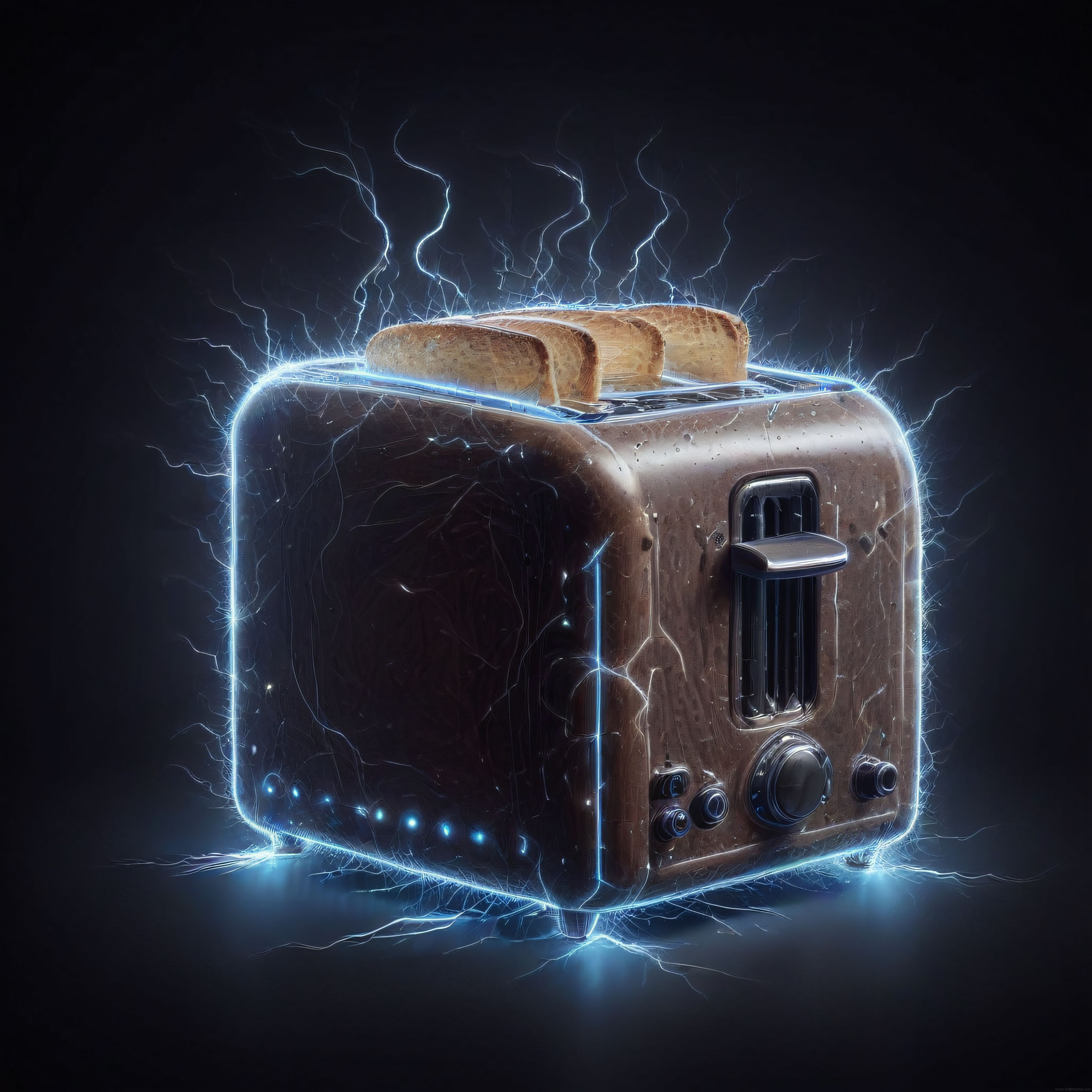 Vintage Tost Makinesinin Etrafında Mavi Elektrik Yıldırımları ile Süslü Gizemli Atmosfer Vintage Tost Makinesinin Etrafında Mavi Elektrik Yıldırımları ile Süslü Gizemli Atmosfer