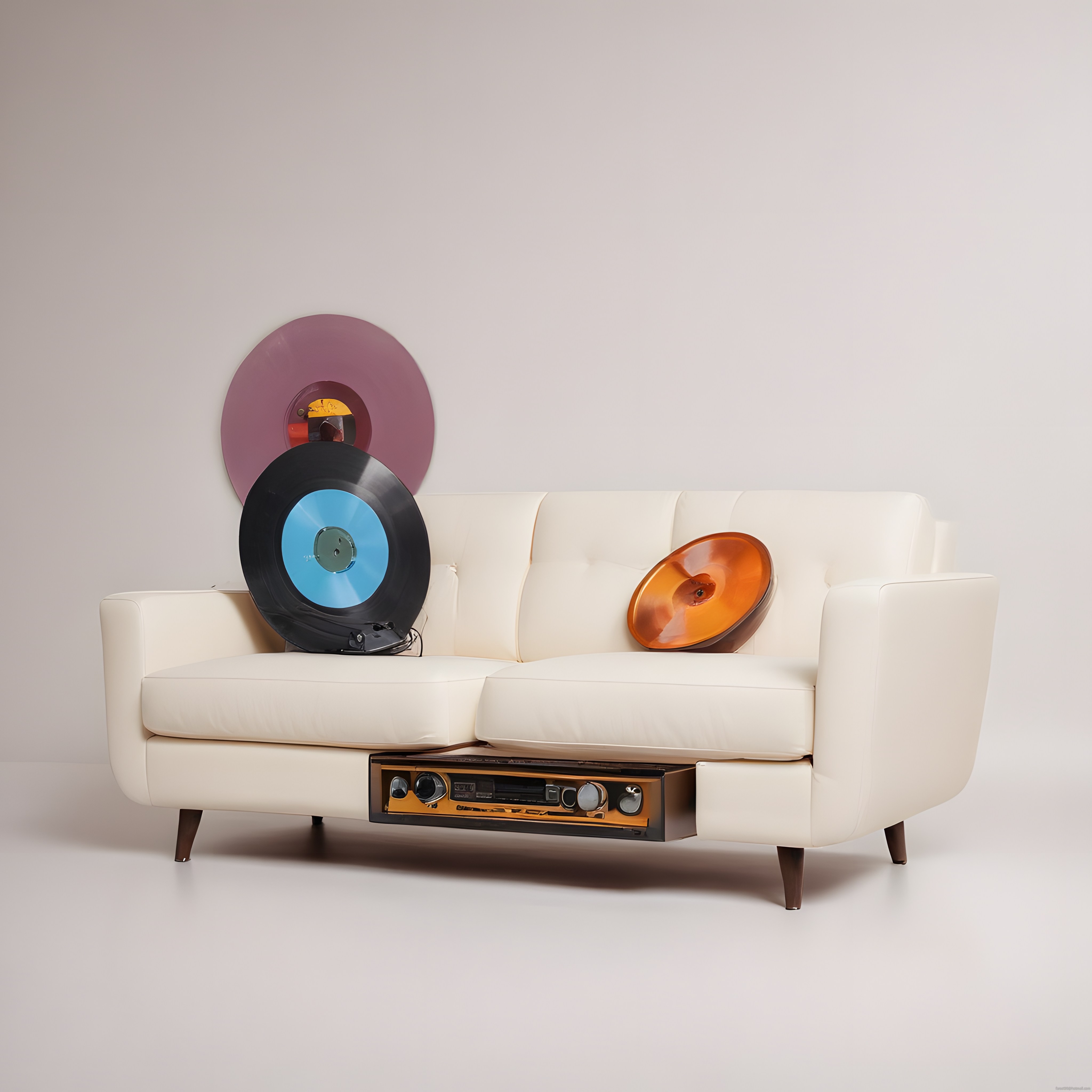 Vintage Vinil Plaklar ve Retro Ses Sistemiyle Beyaz Koltuk Dekorasyonu