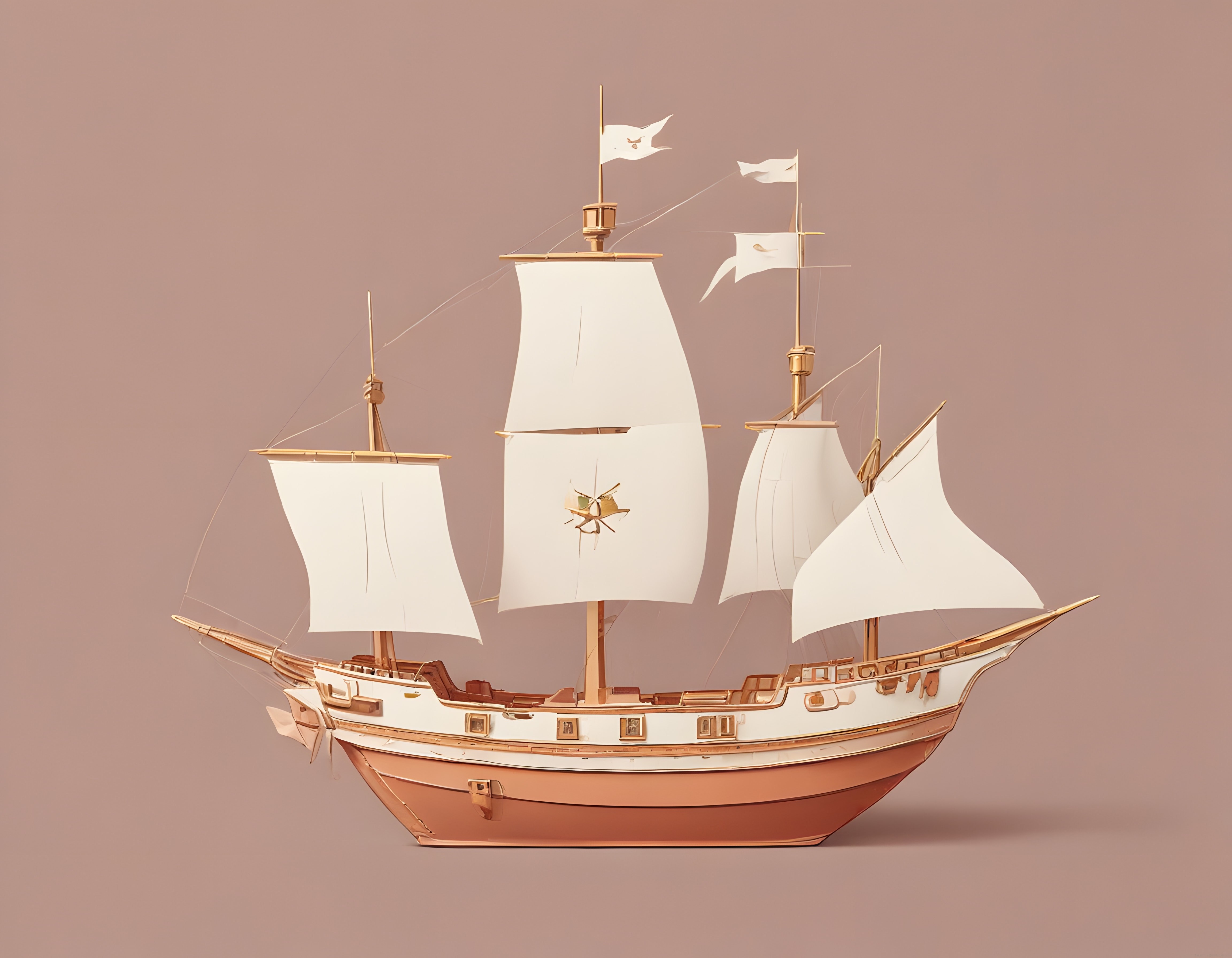 Vintage Yelkenli Gemi 3D Tasarım: Altın ve Beyaz Renkli Minimalist İllüstrasyon