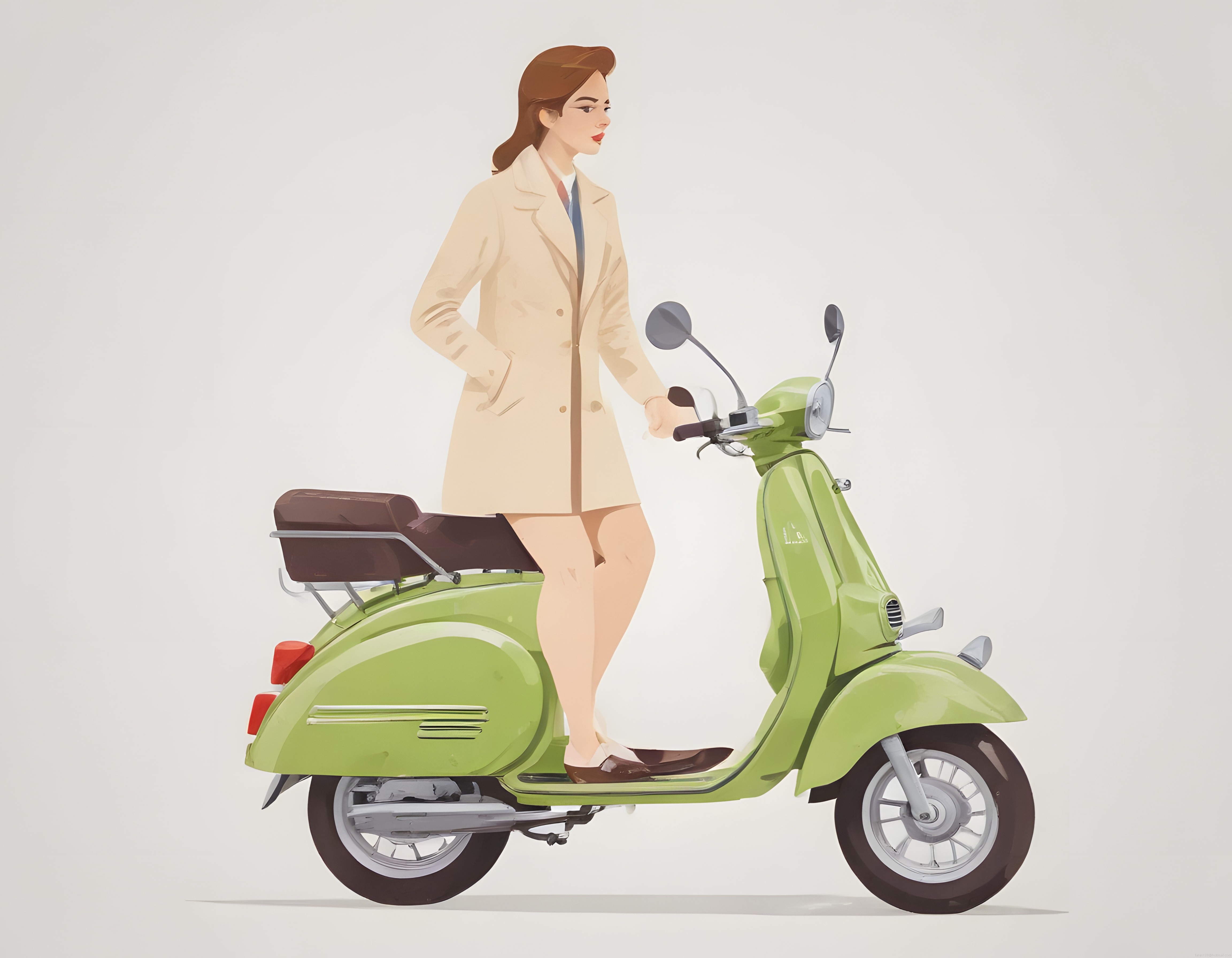 Vintage Yeşil Vespa Scooterın Üzerinde Duran Trençkotlu Kadın İllüstrasyonu