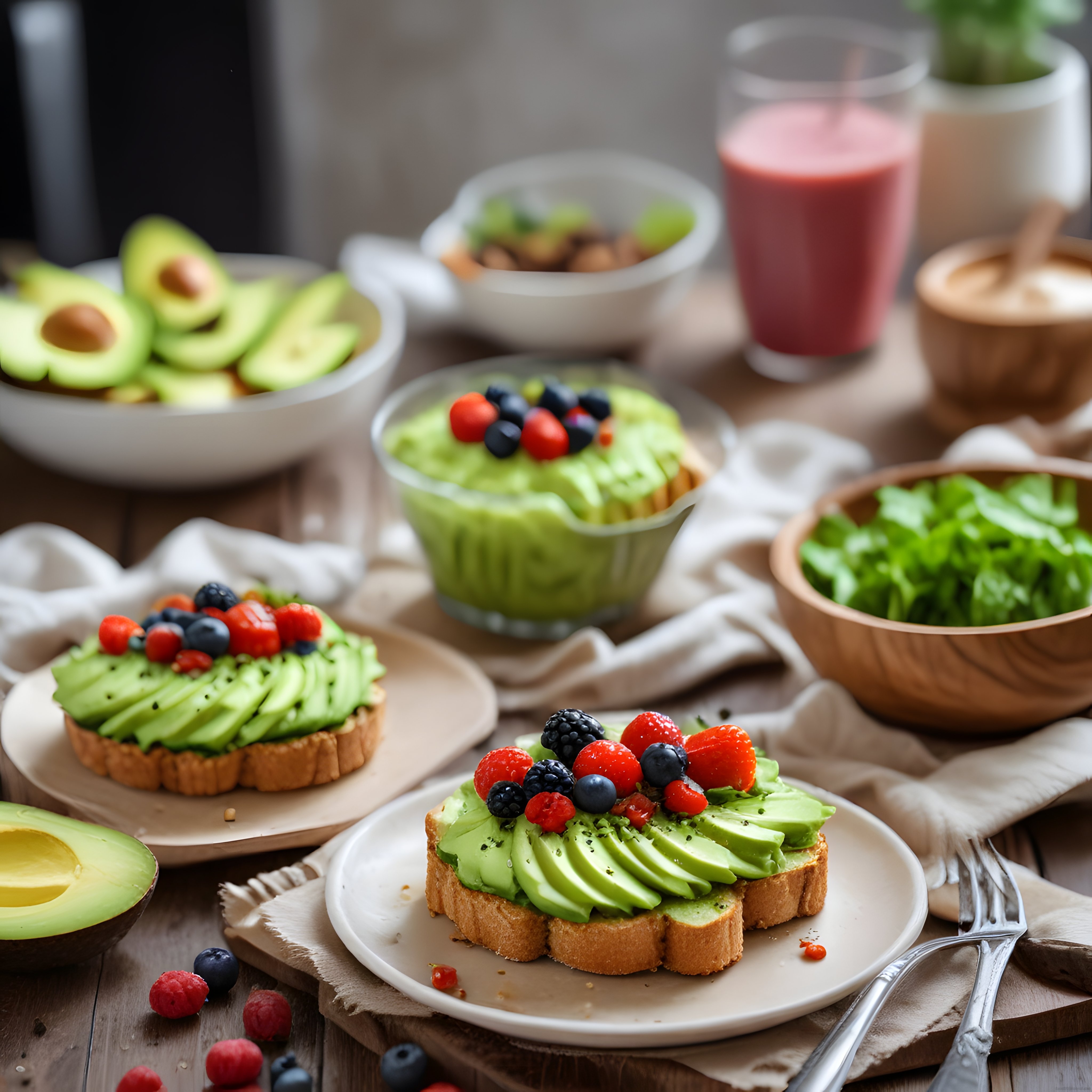 Vitamin Dolu Avokadolu Tostlar ve Renkli Smoothie Kahvaltı Konsepti