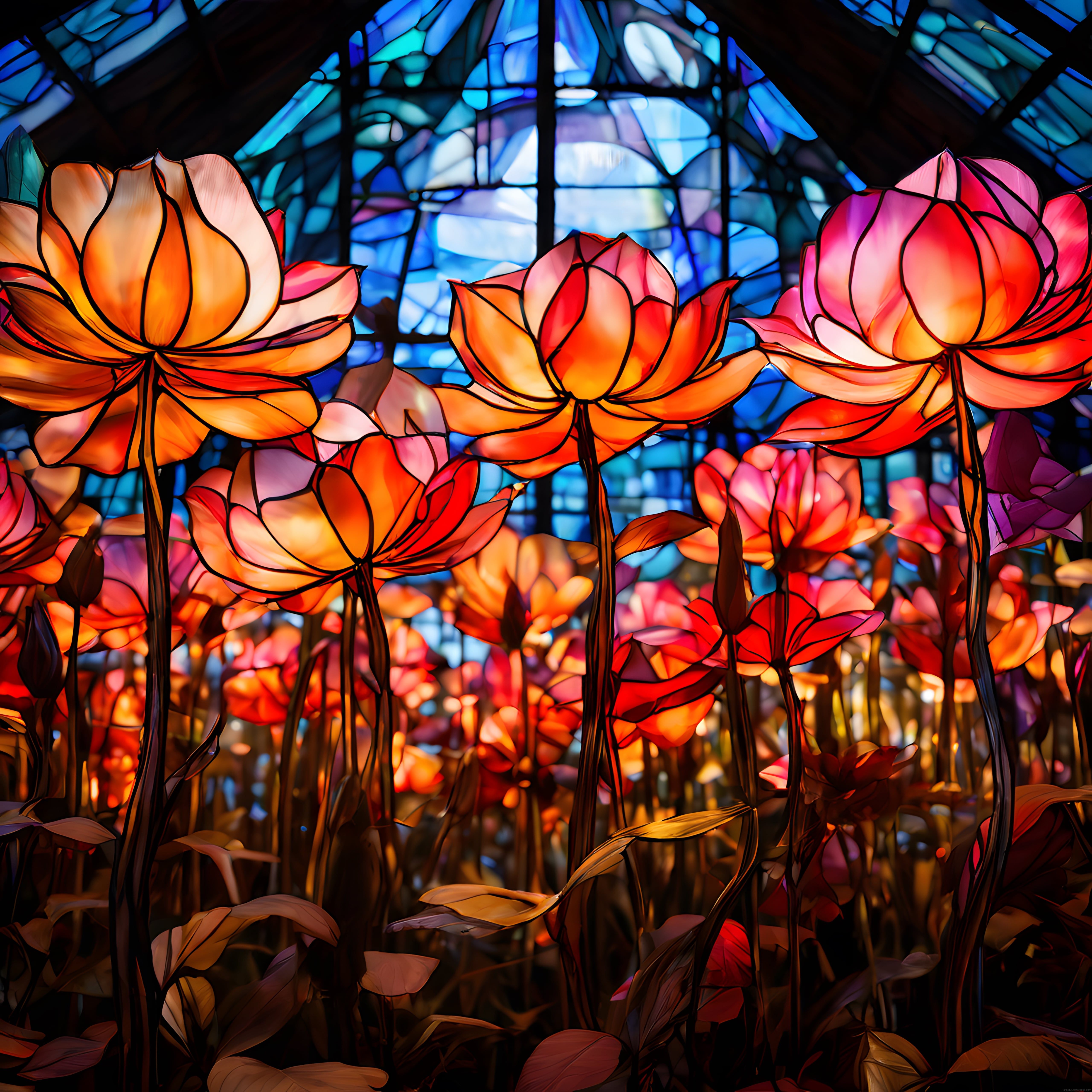 Vitray Efektiyle Işıldayan Lotus Çiçekleri ve Mavi Gotik Pencere Dijital Sanat Eseri