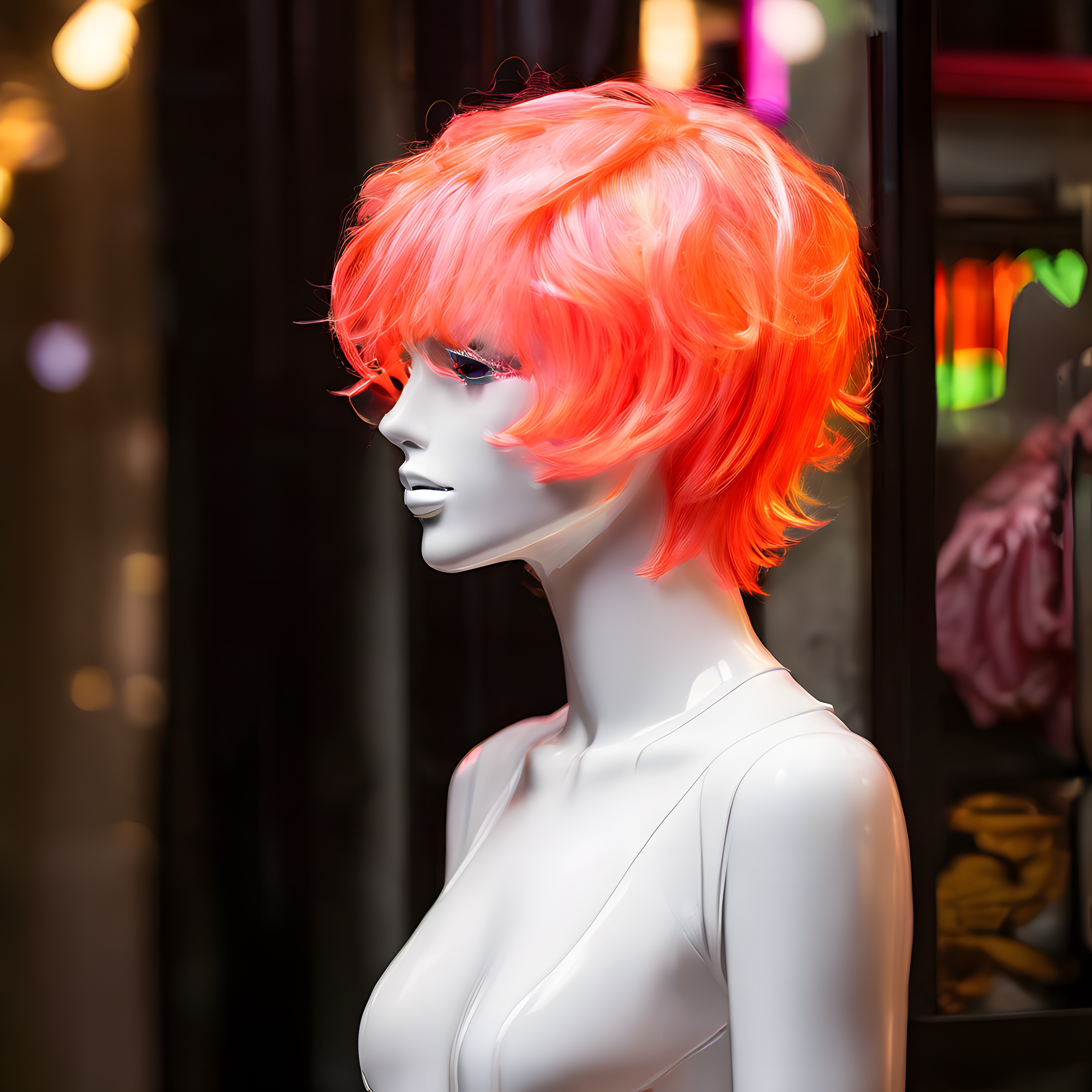 Vitrinde Göz Kamaştıran Turuncu Saçlı Manken: Neon Işıklar Altında Moda ve Renk