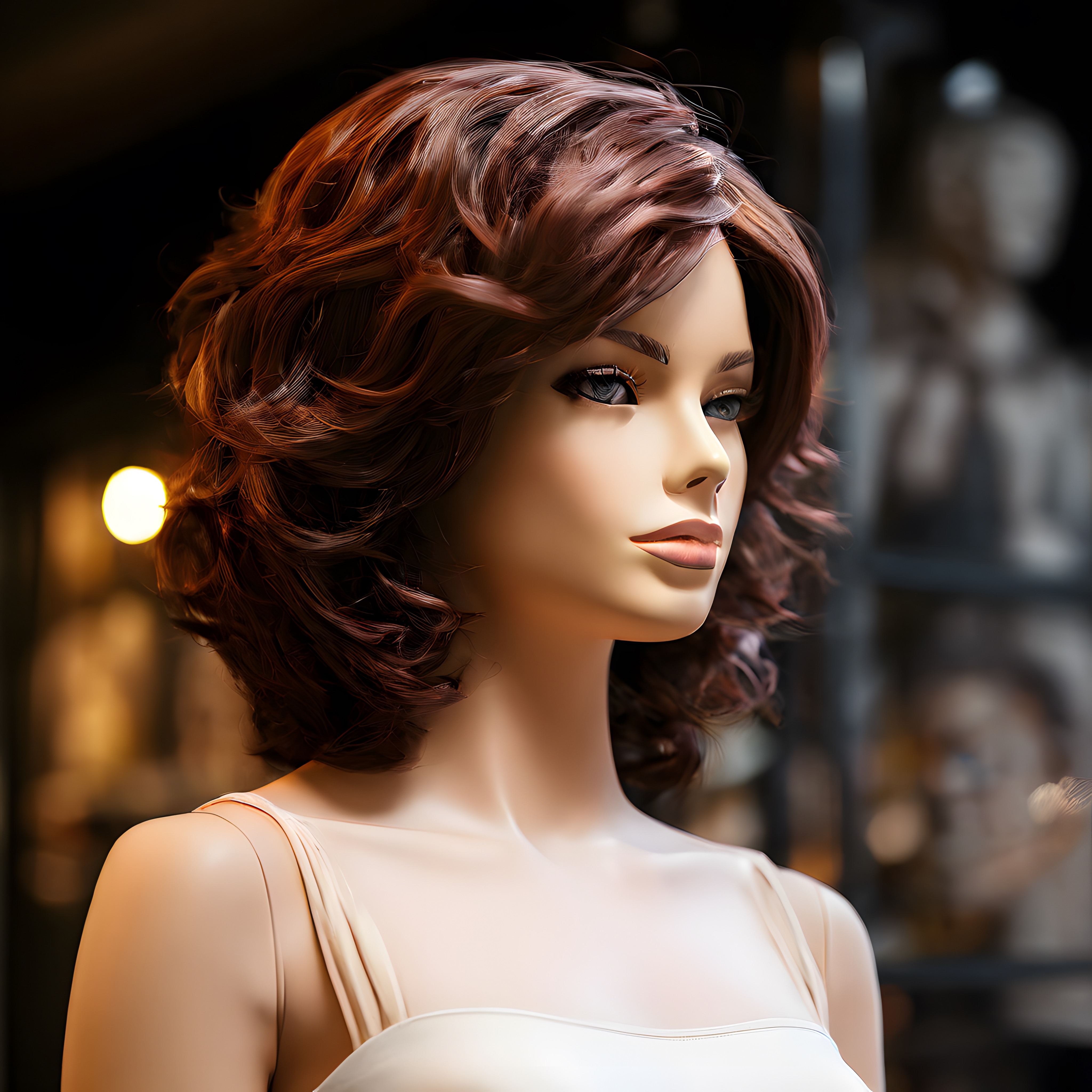 Vitrinde Kıvırcık Kızıl Saçlı Gerçekçi Kadın Manken ve Modern Bob Modeli