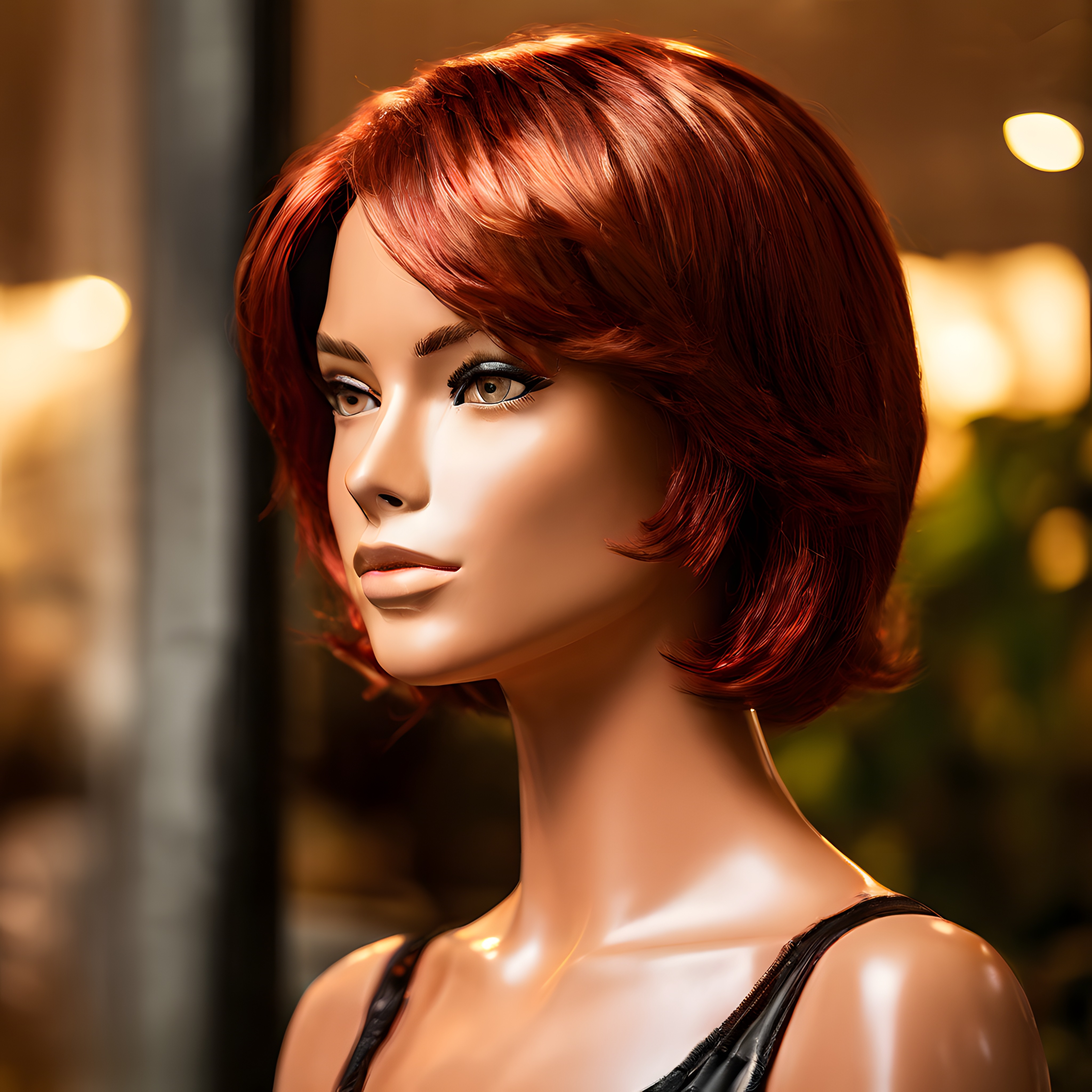 Vitrindeki Kızıl Peruklu Manken Başı: Modern Bob Kesim ve Şehir Işıkları