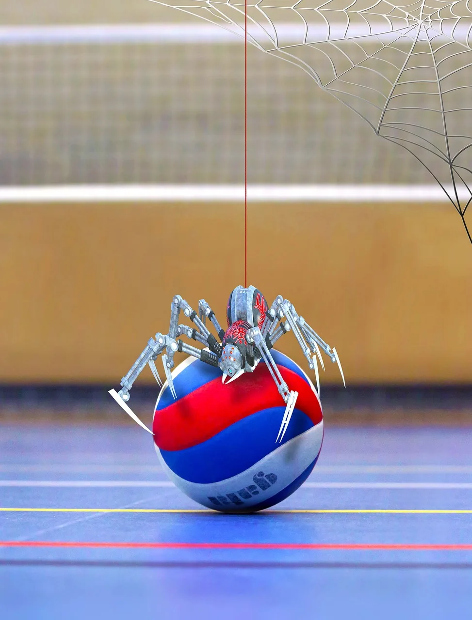 Voleybol sahasında robot ağ yakalayan örümcek