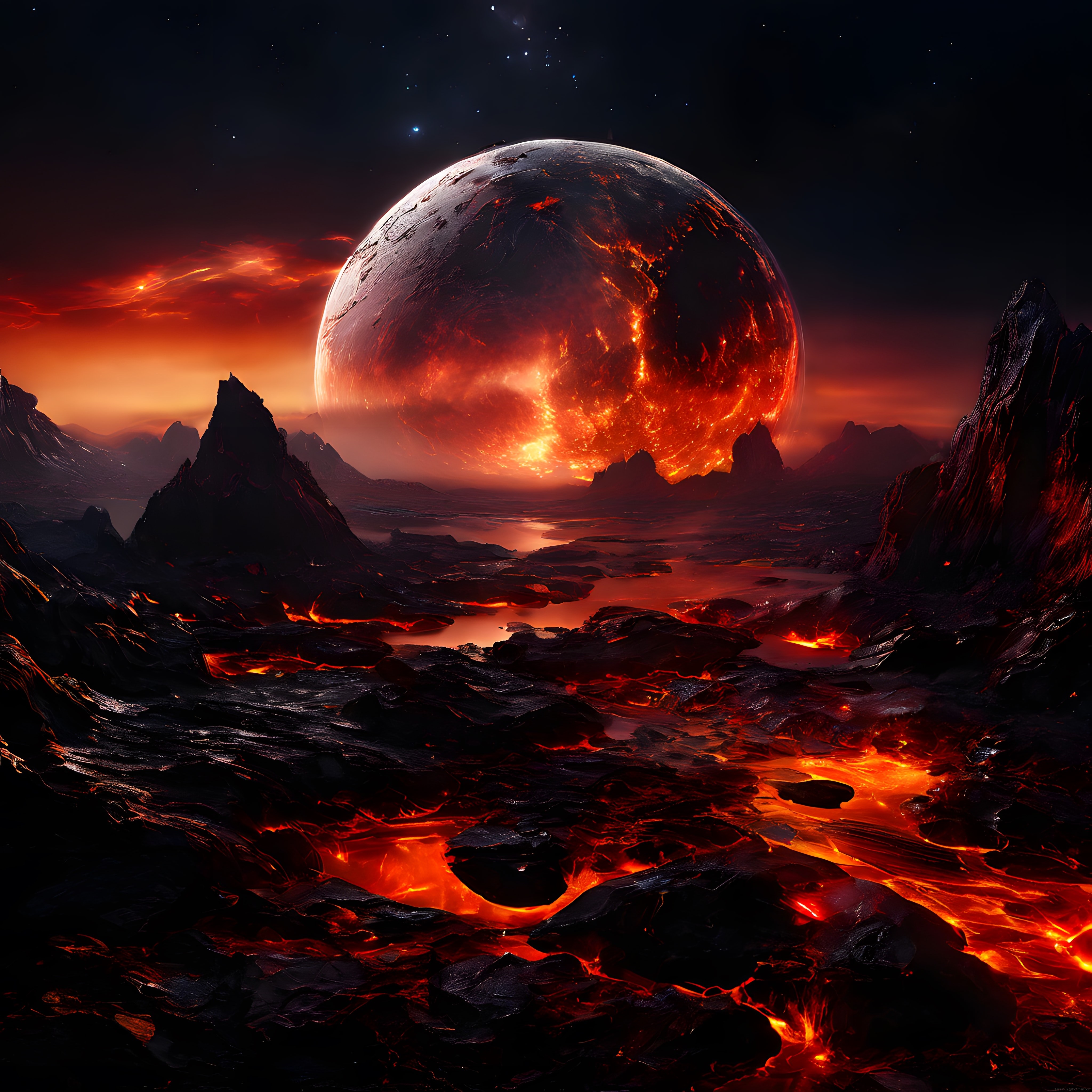 volkanik yüzey ve çatlaklarından magma fışkıran dev gezegen manzarası