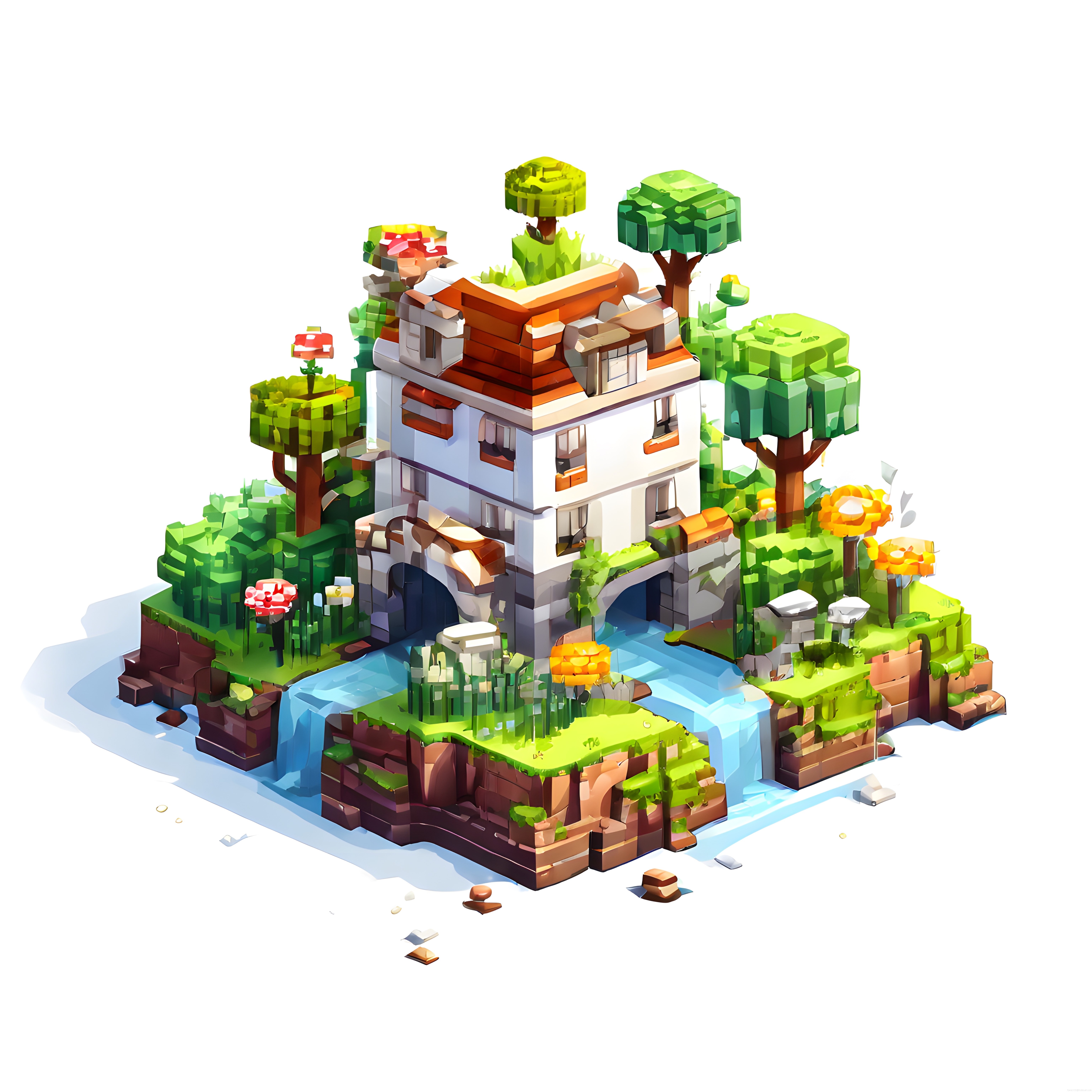 Voxel Sanat Eseri: İzometrik Orman Evi, Köprü ve Şelale Manzarası